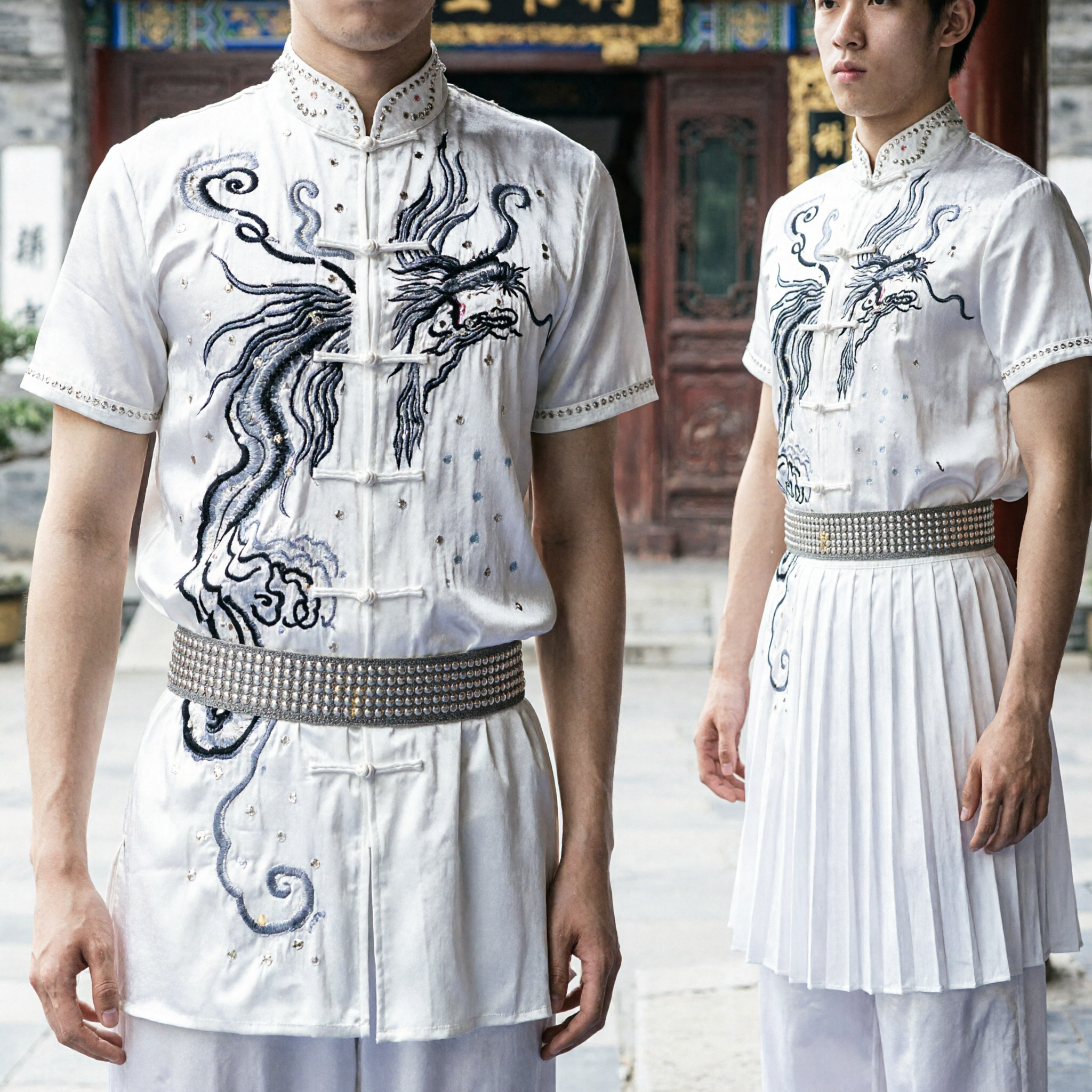 Men's White Short Sleeve Chinese Kung Fu Uniform with Dragon Embroidery Traditional Martial Arts Tang Suit