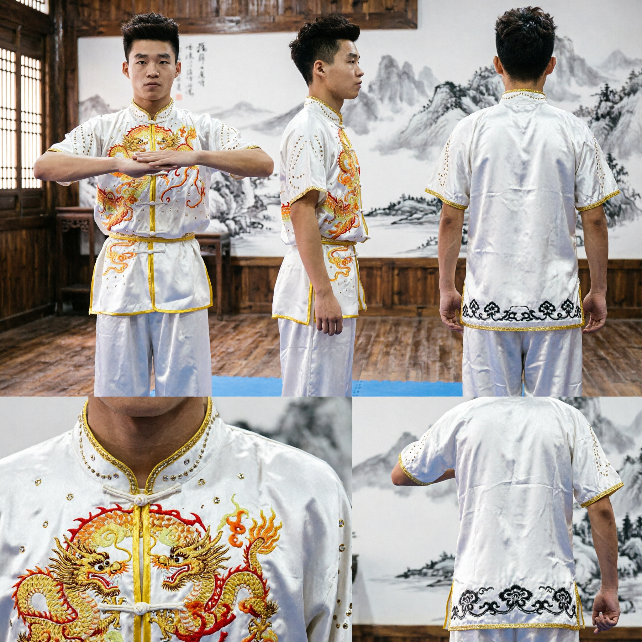Men's White Silk Chinese Kung Fu Uniform with Gold Dragon Embroidery for Wushu Performance