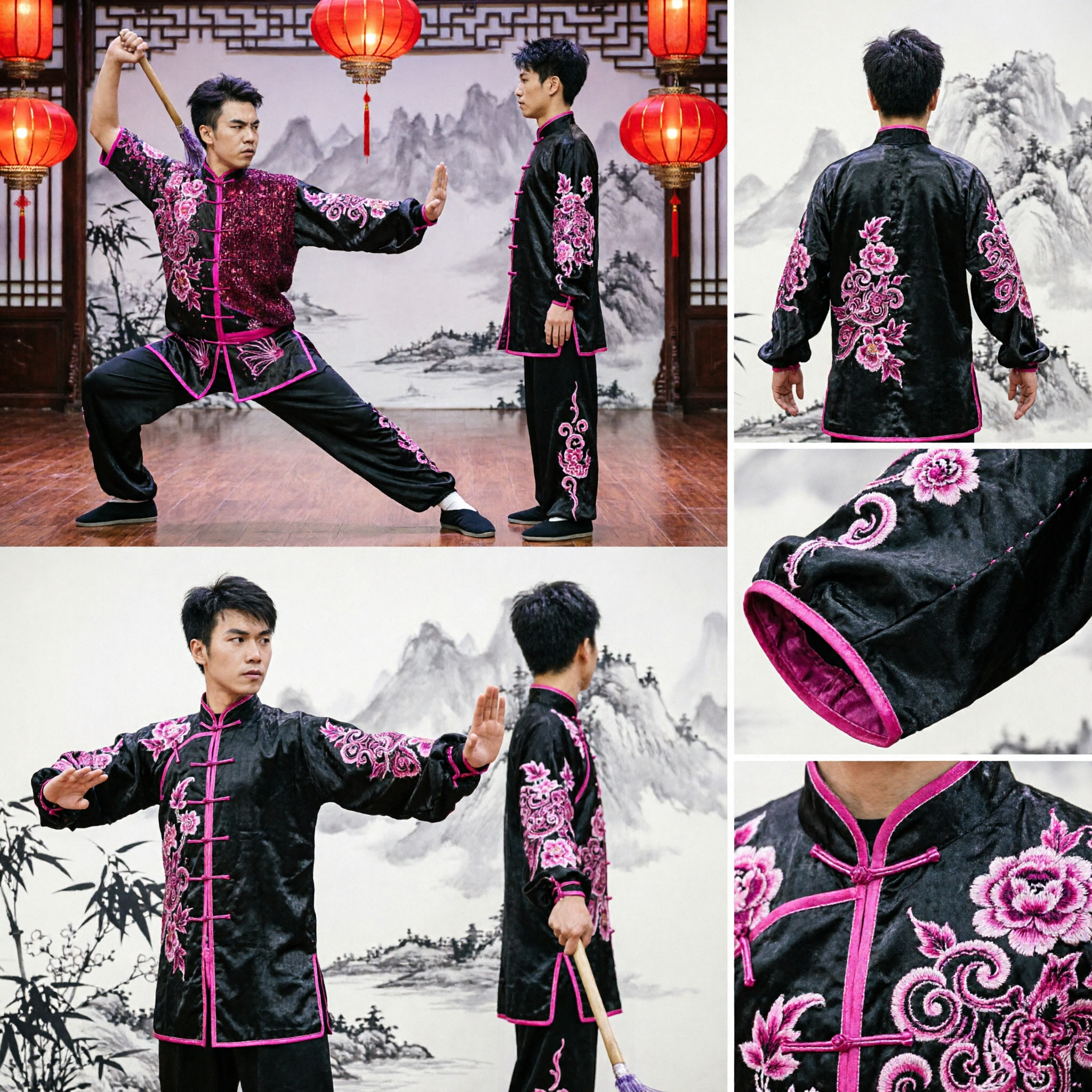 Men's Professional Wushu Kung Fu Uniform Black Suit with Pink Floral Embroidery for Martial Arts Competition