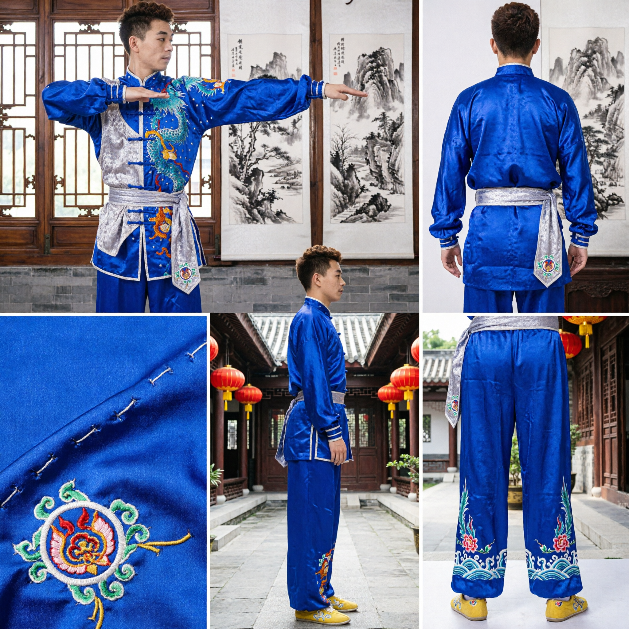 Men's Blue Satin Dragon Embroidery Wushu Kung Fu Uniform Traditional Martial Arts Performance Competition Costume