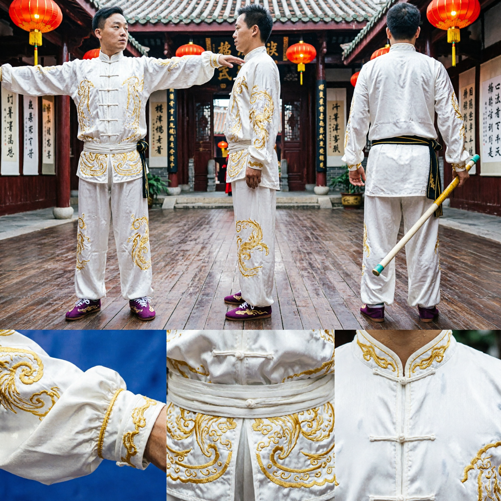 Men's Professional Wushu Competition Uniform White Gold Embroidery Traditional Kung Fu Martial Arts Costume
