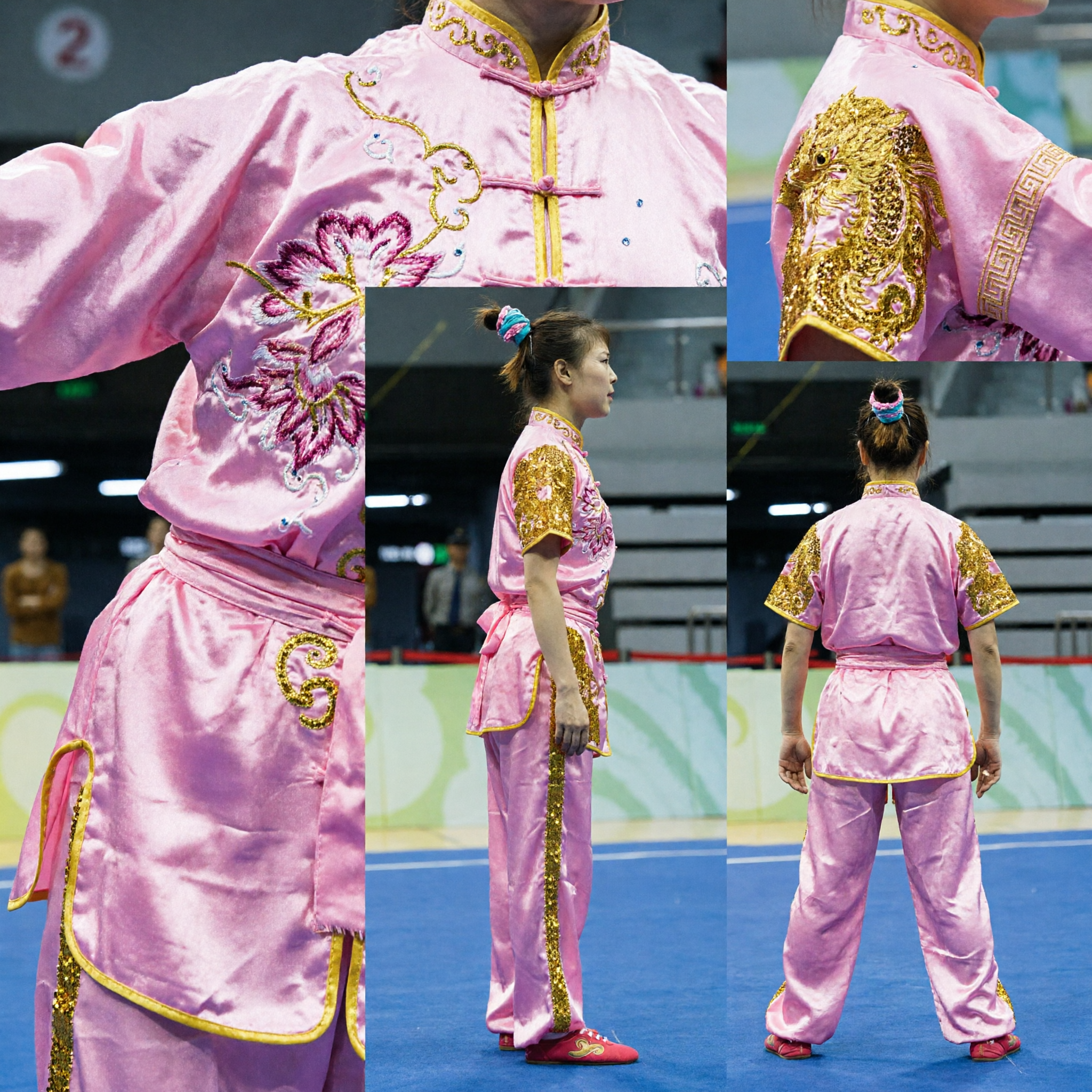 Professional Pink Wushu Competition Uniform with Gold Sequin Embroidery for Female Martial Artists