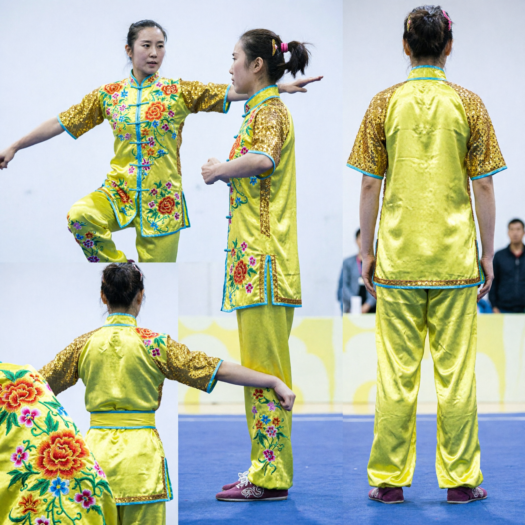 Women's Yellow Floral Embroidery Wushu Uniform Professional Kung Fu Competition Costume Satin Suit
