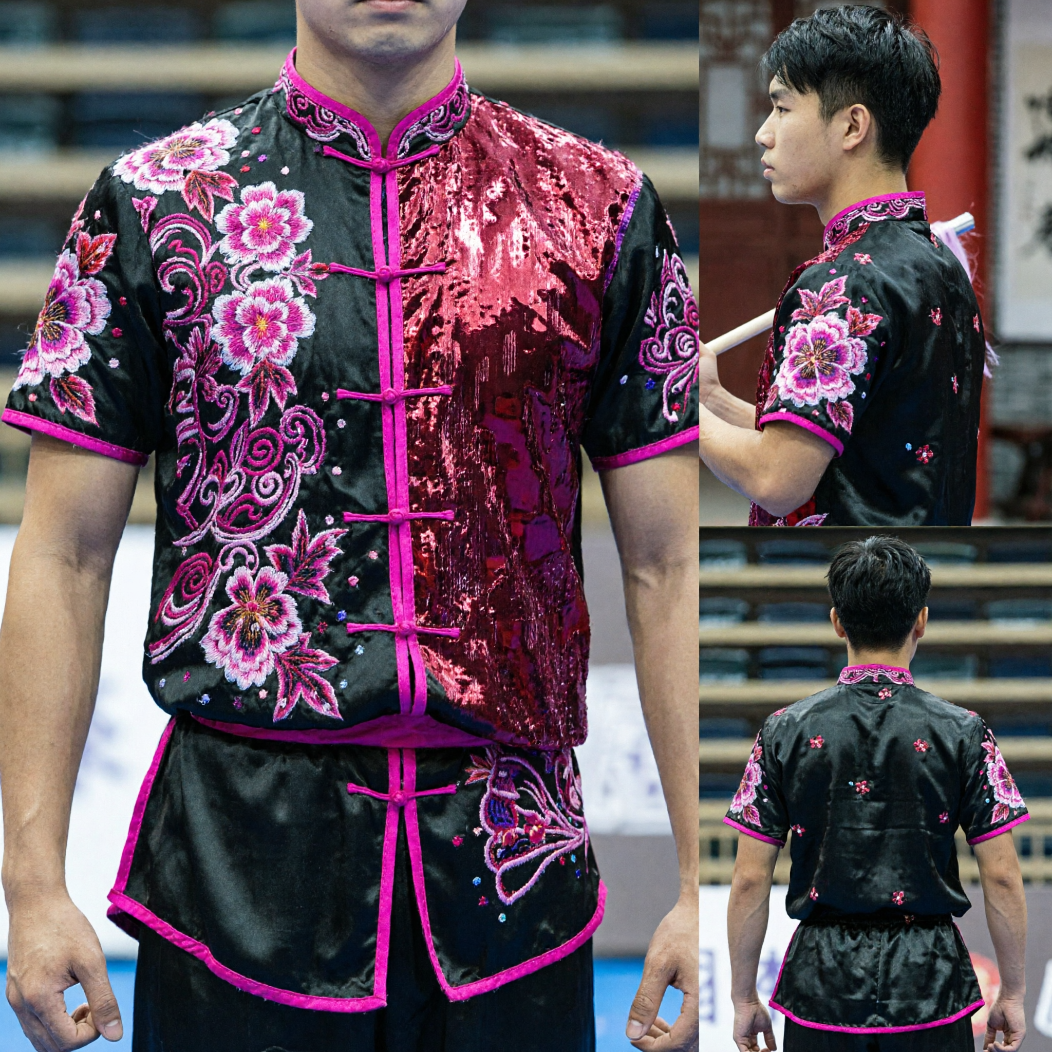 Men's Black and Pink Sequin Wushu Uniform Traditional Chinese Kung Fu Changquan Competition Costume