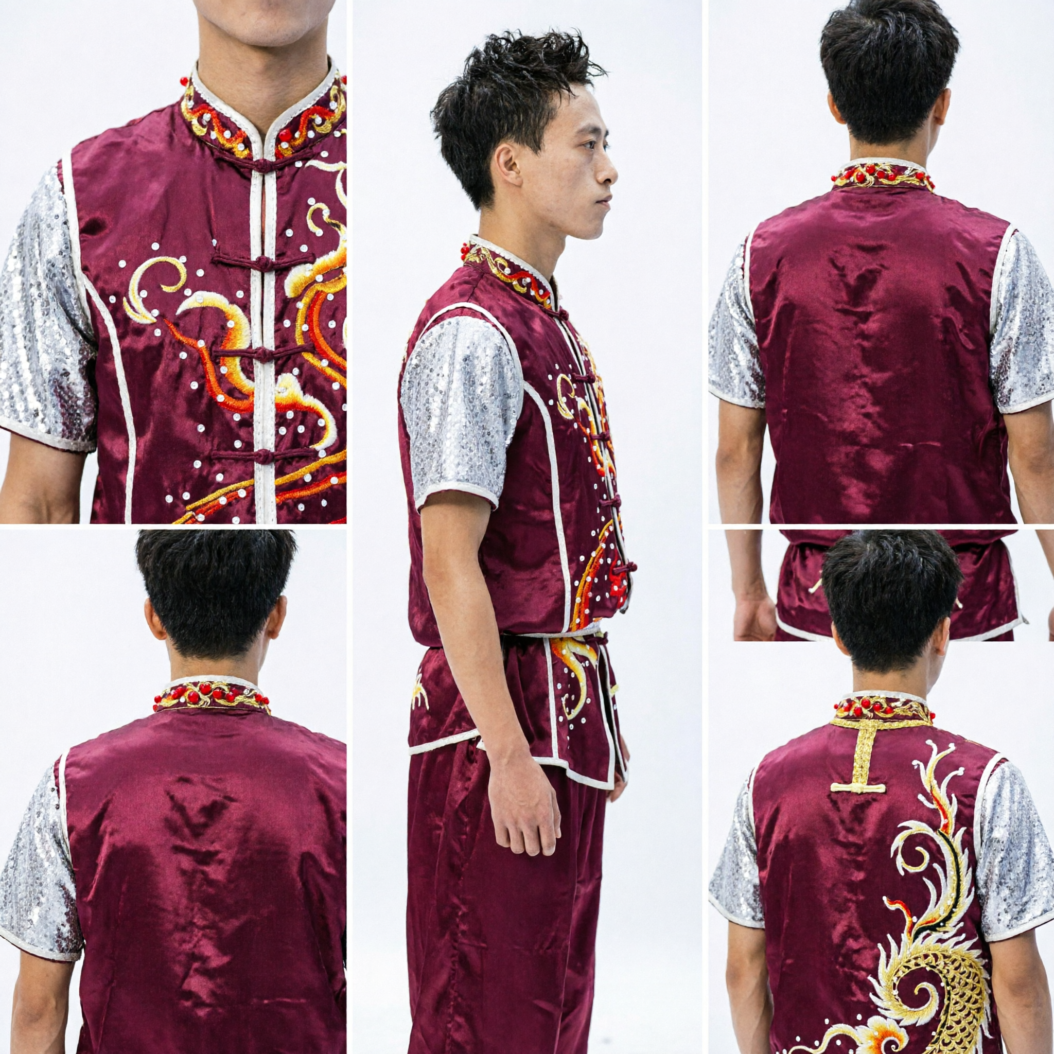 Men's Maroon Dragon Embroidered Wushu Uniform Short Sleeve Kung Fu Competition Suit with Sequins for Performance