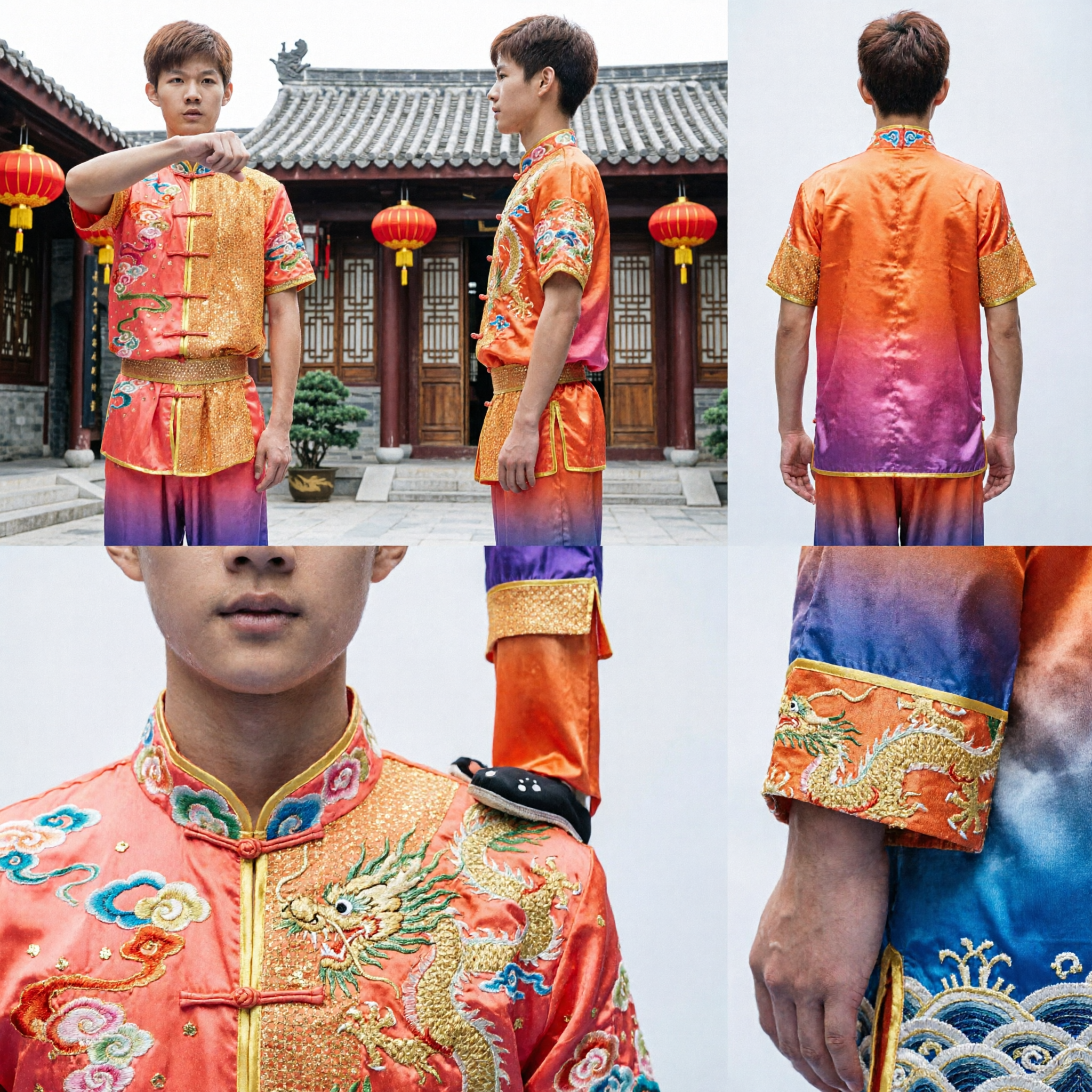 Men's Traditional Chinese Wushu Uniform Orange Dragon Embroidery Kung Fu Changquan Competition Performance Costume