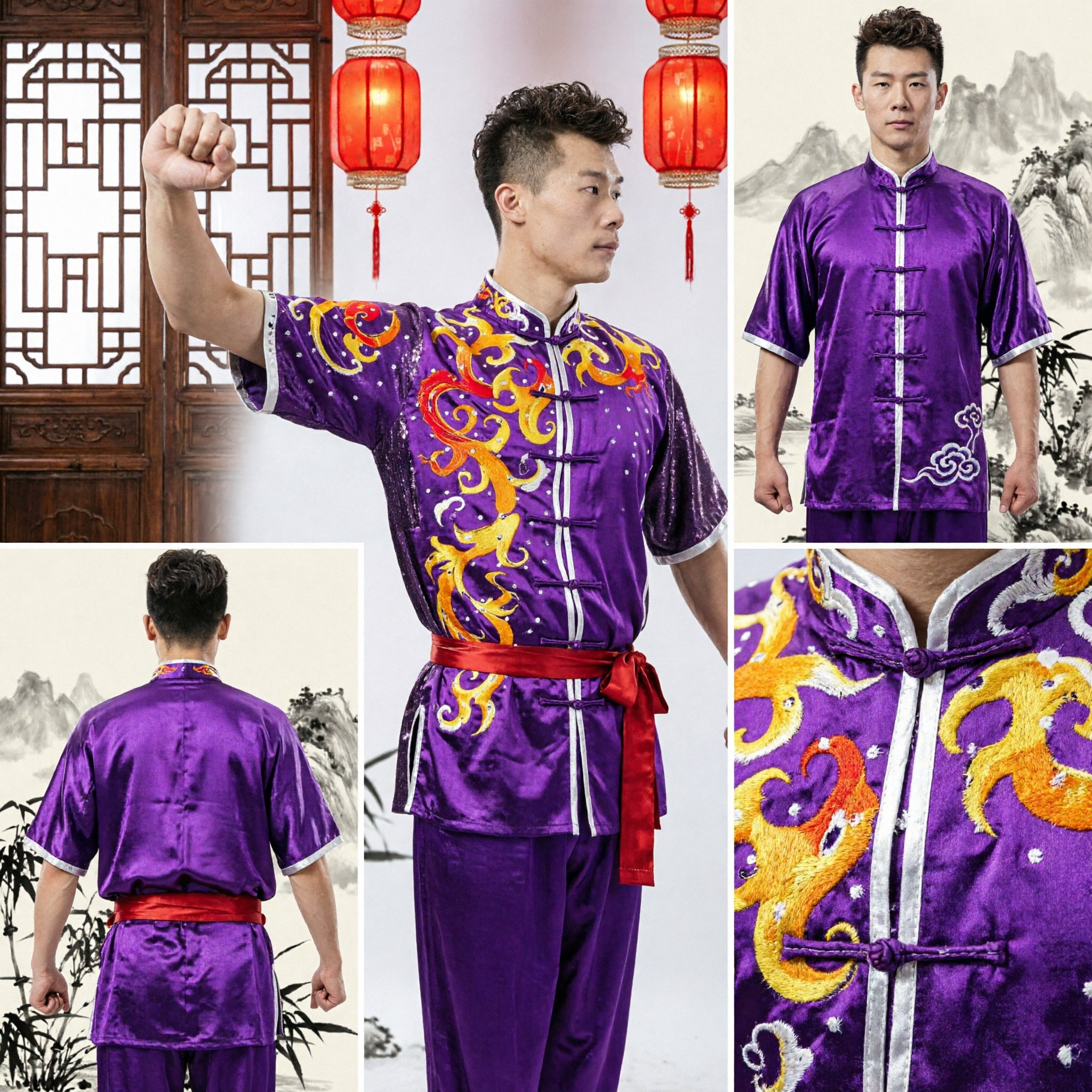 Professional Men's Purple Dragon Embroidery Wushu Kung Fu Uniform Tai Chi Competition Performance Costume Set