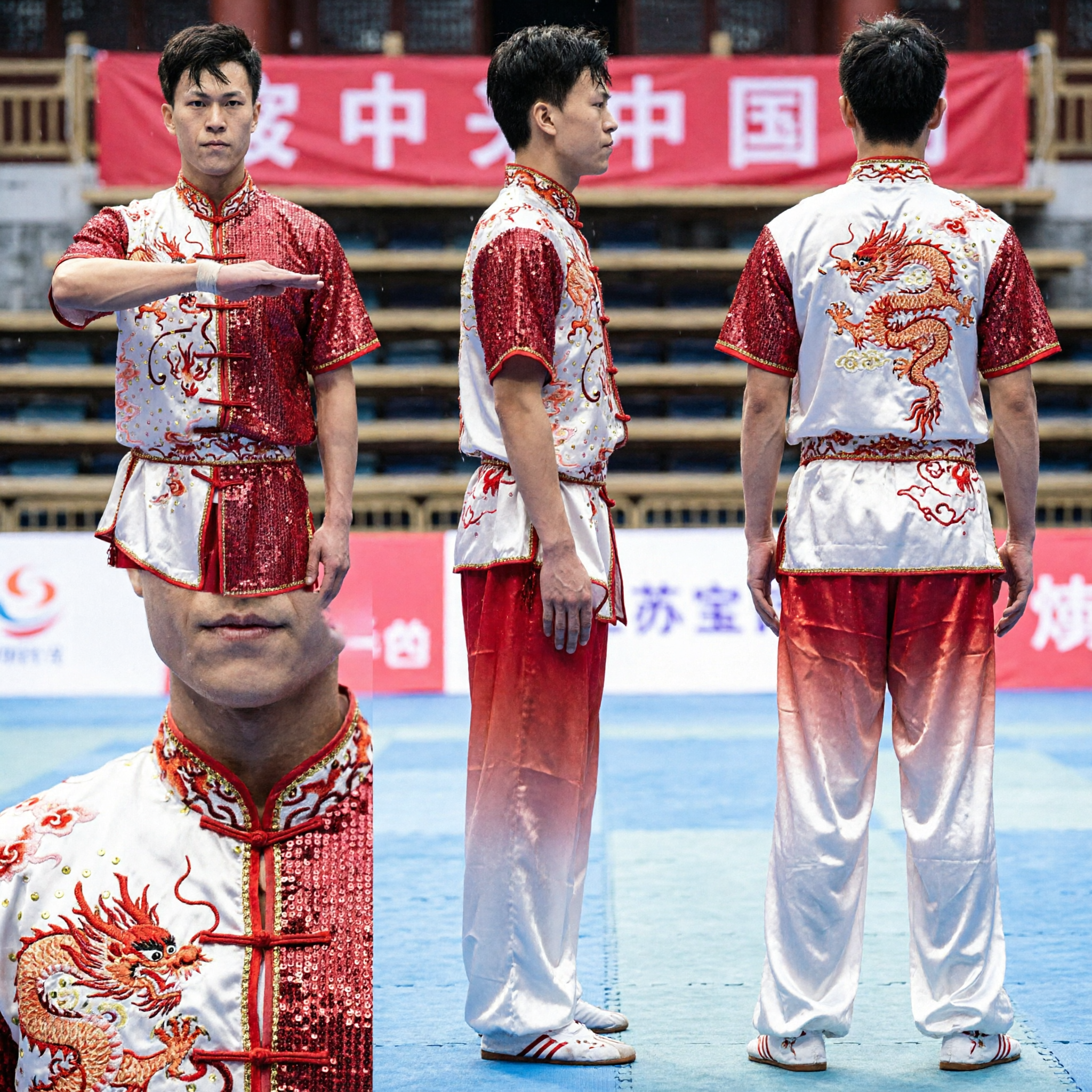 Mens Professional Wushu Kung Fu Uniform Dragon Embroidery Sequin Martial Arts Competition Costume