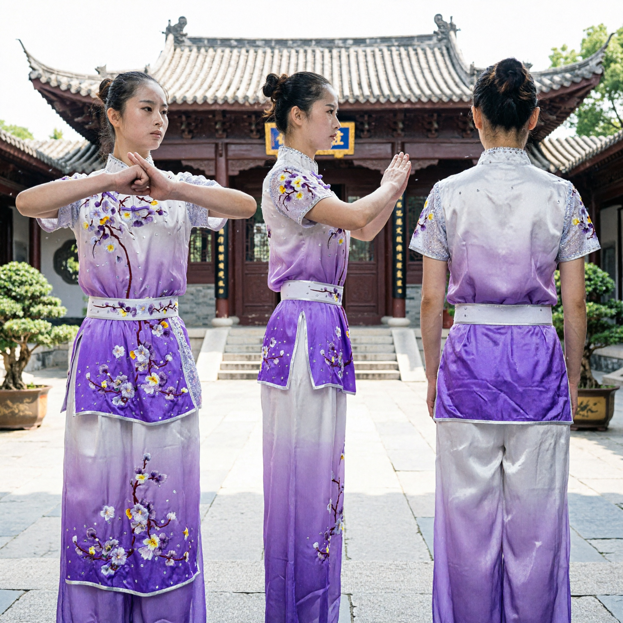 Women's Purple Gradient Tai Chi Uniform with Floral Embroidery Wushu Kung Fu Competition Costume