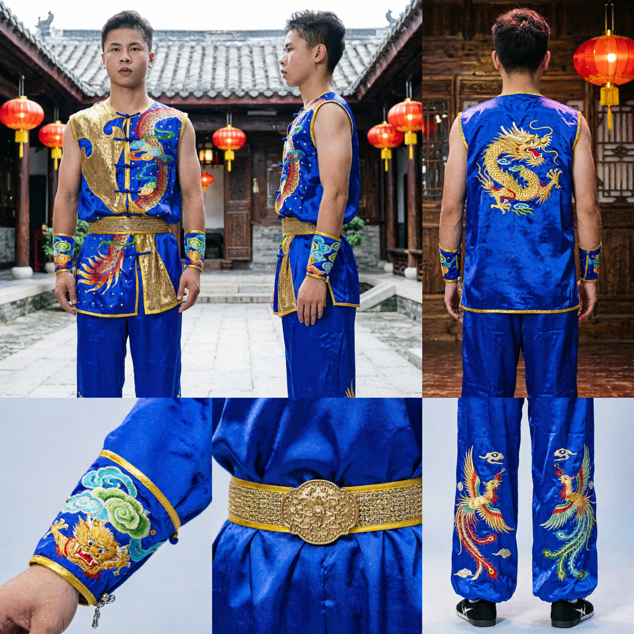 Blue Gold Dragon Embroidery Sleeveless Wushu Uniform Traditional Kung Fu Martial Arts Performance Costume for Men