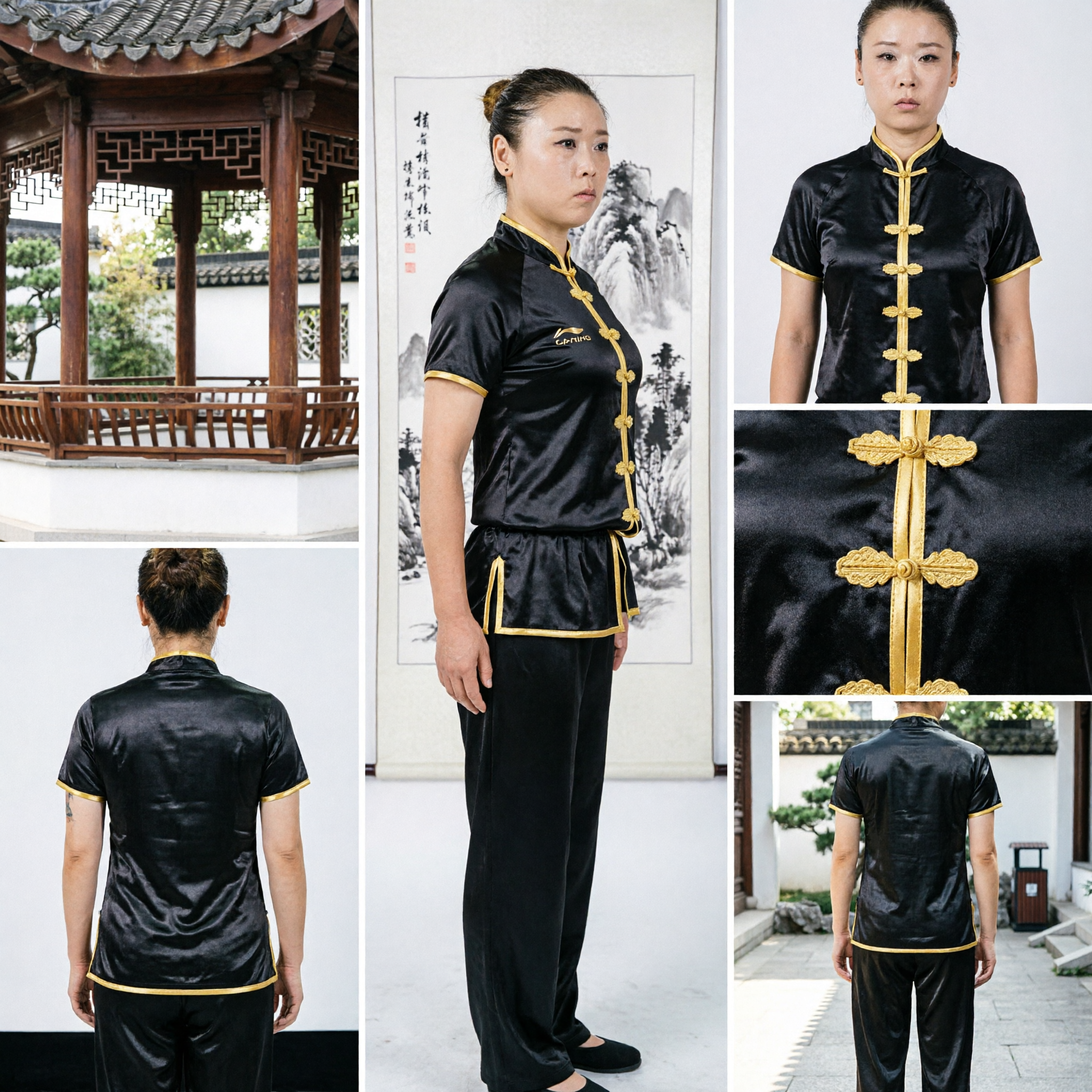 Women's Black Short Sleeve Kung Fu Uniform Traditional Chinese Wushu Tai Chi Martial Arts Costume for Competition