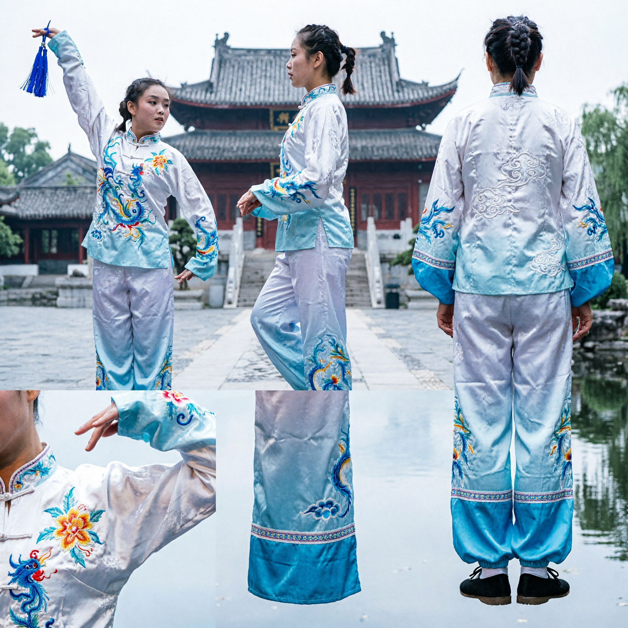 Women's Traditional Chinese Wushu Kung Fu Uniform Tai Chi Suit Dragon Embroidery Silk Performance Costume Set