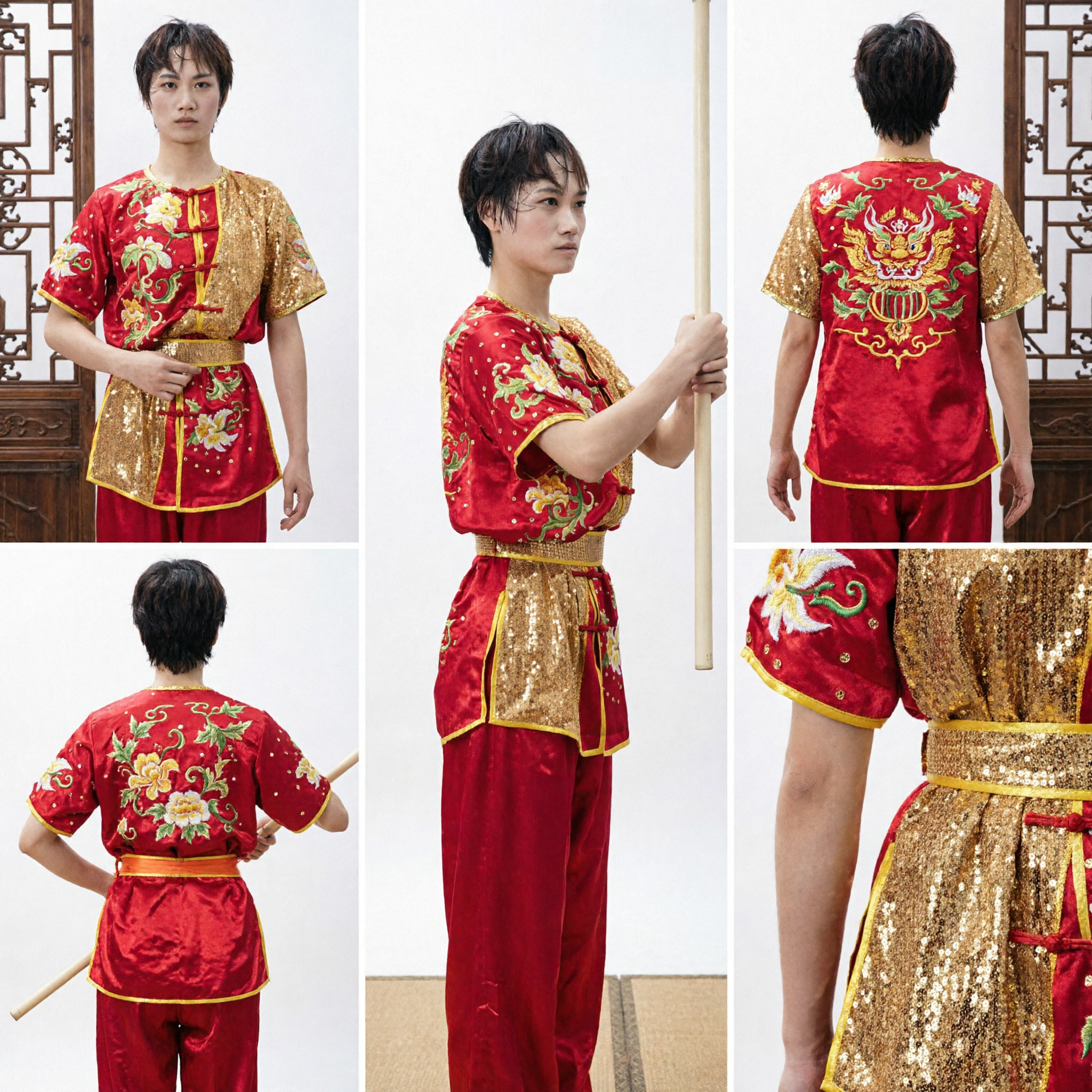 Women's Red and Gold Embroidered Wushu Uniform Traditional Chinese Kung Fu Changquan Performance Costume