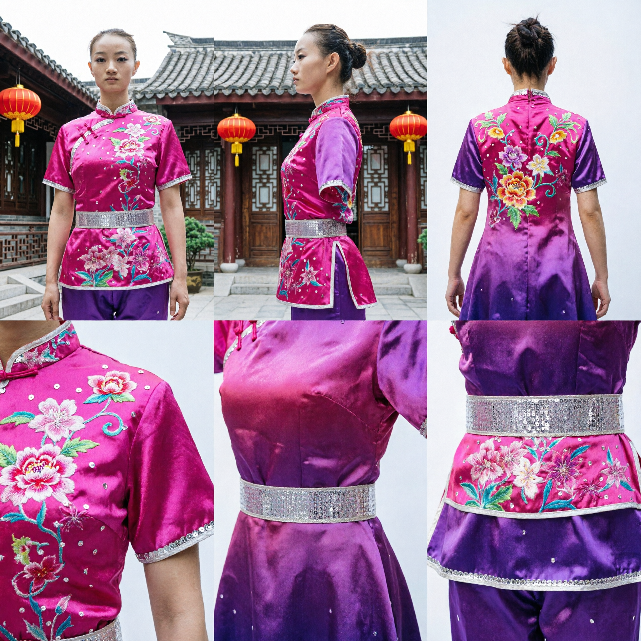Vibrant Pink Floral Embroidered Wushu Uniform Traditional Chinese Kung Fu Performance Costume for Women
