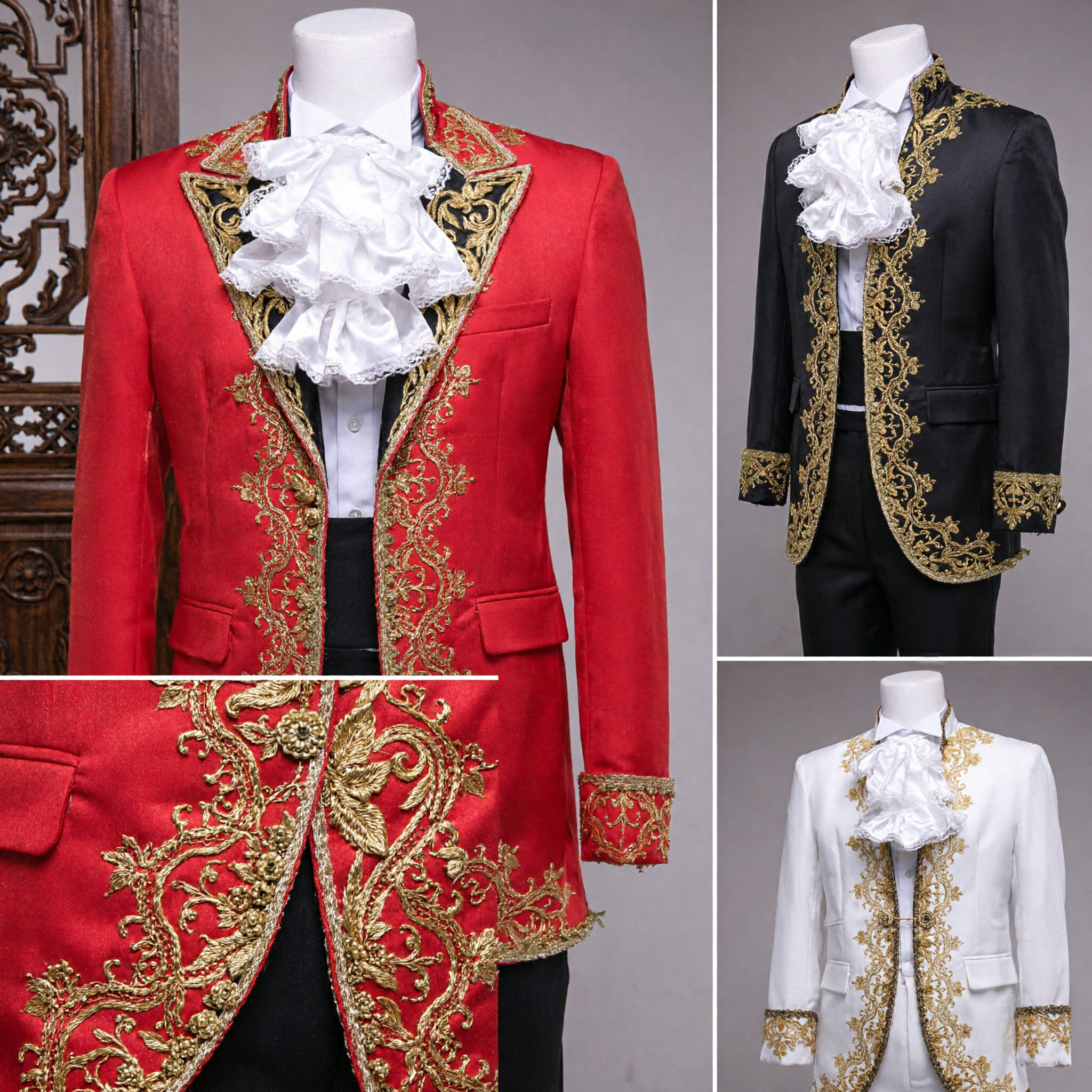 Men's Baroque Gold Embroidery Tuxedo Suit Red Black White Wedding Groom Prom Stage Costume with Ruffled Shirt