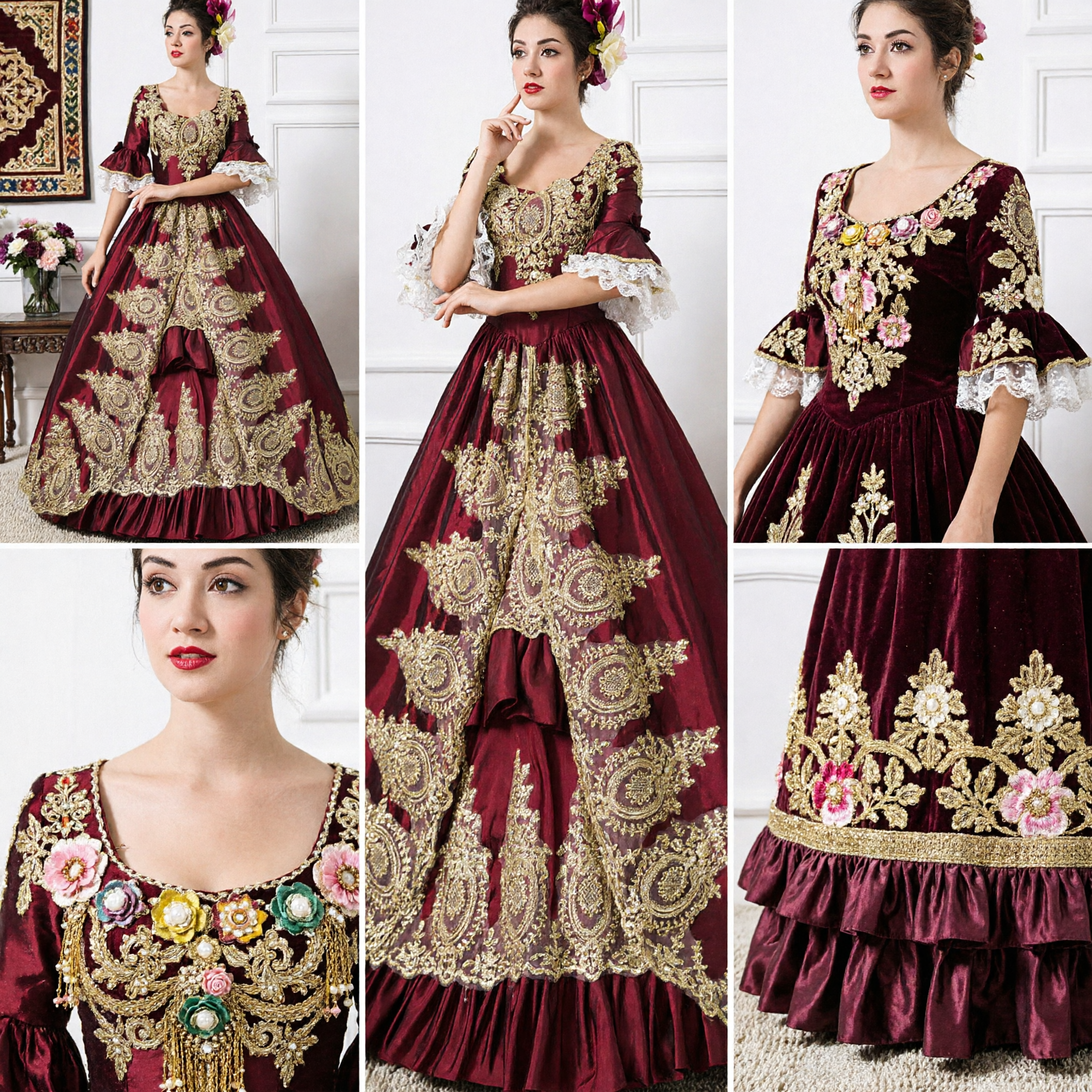 Women's Royal Red Baroque Princess Gown with Gold Embroidery and Lace for Stage Performance and Halloween