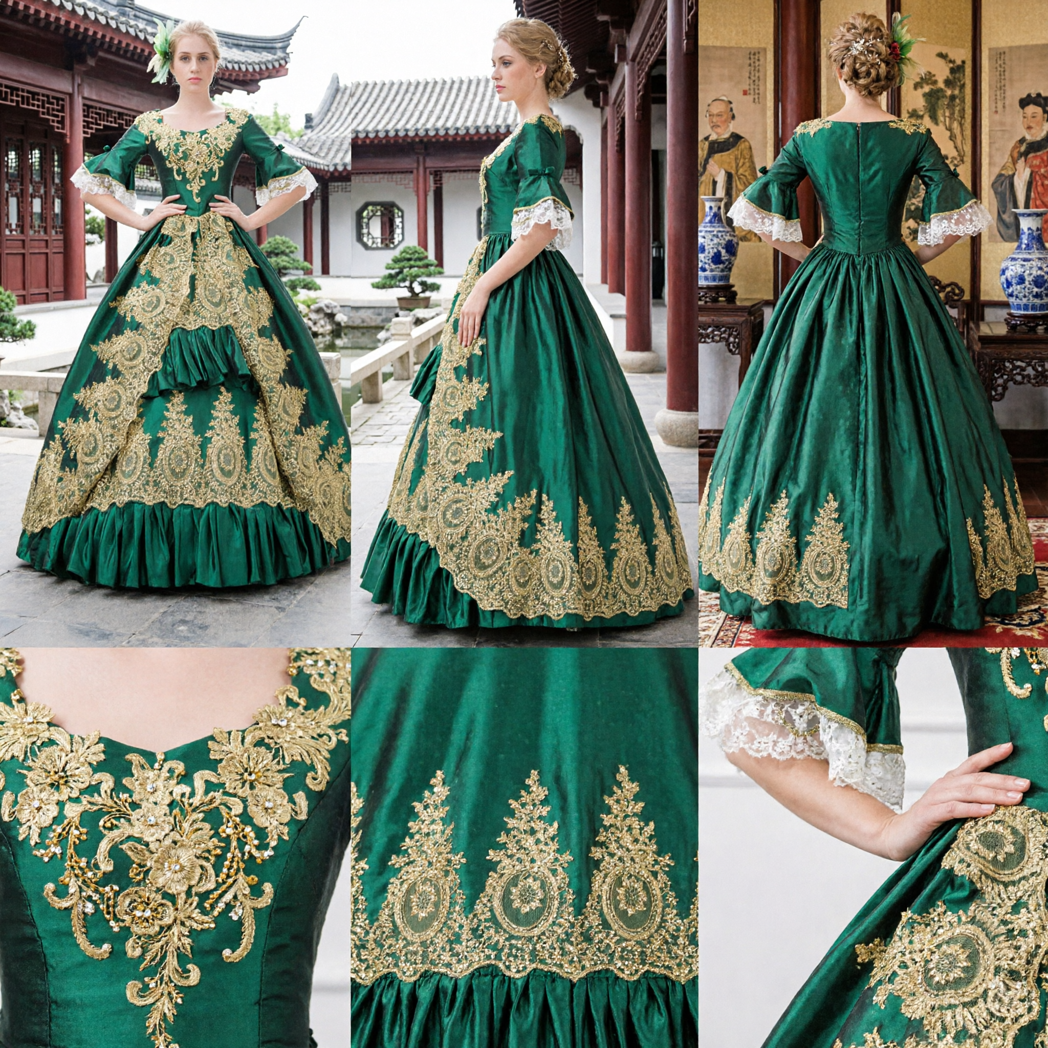 Elegant Emerald Green Velvet Baroque Ball Gown with Gold Embroidery and Lace for Women's Costume Party