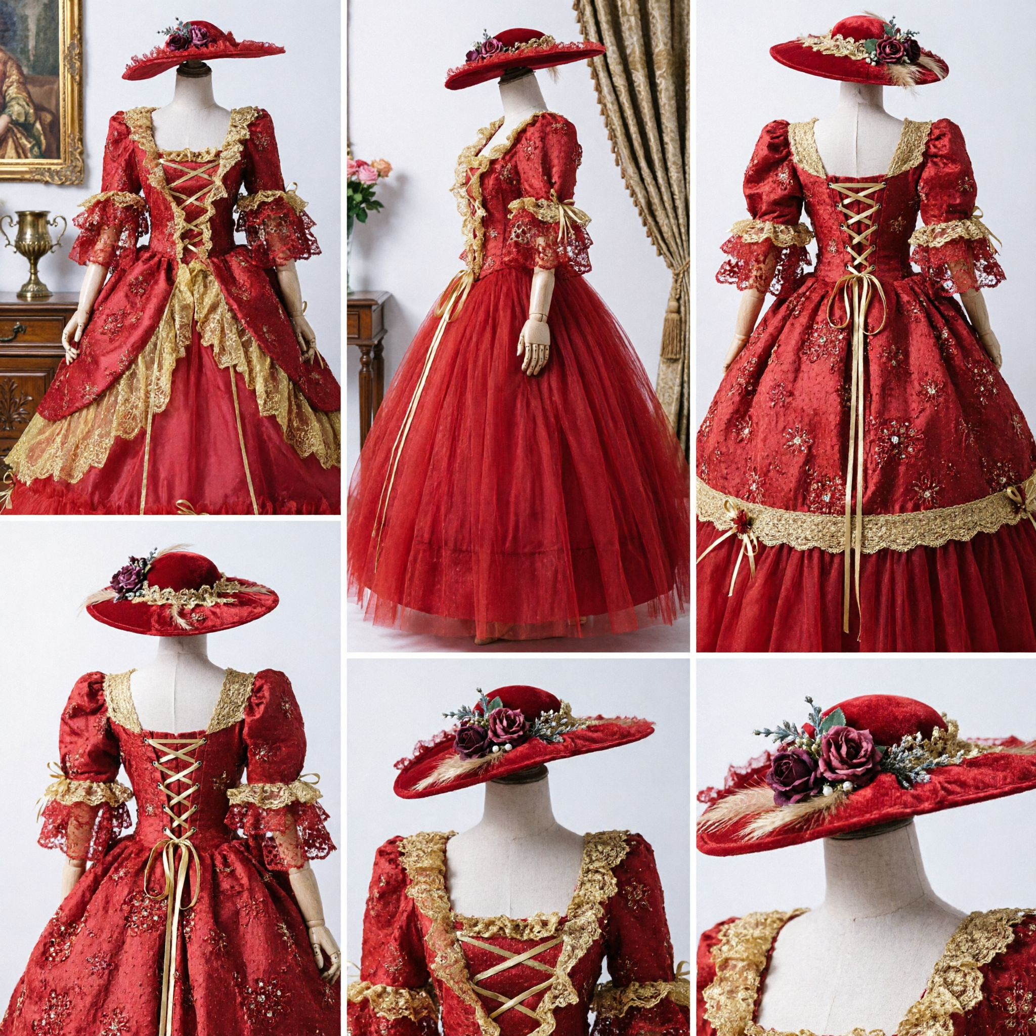 Luxury Red Renaissance Queen Costume Dress with Gold Lace and Hat for Women's Stage Performance