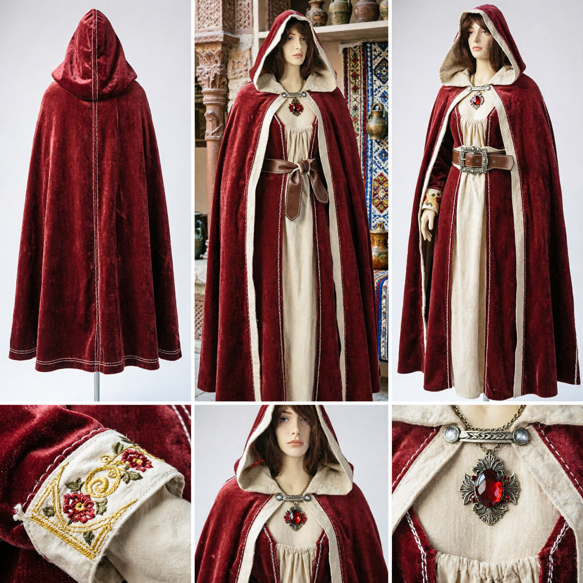 Adult Women's Medieval Renaissance Red Velvet Hooded Cloak Cape with Cream Lining Historical Fantasy Cosplay Costume