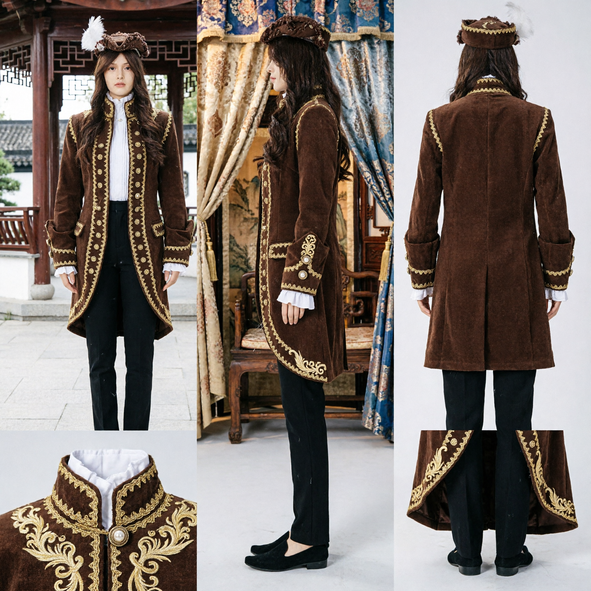 Brown Velvet Musketeer Jacket with Gold Embroidery Historical Cavalier Costume for Men Women Stage Play