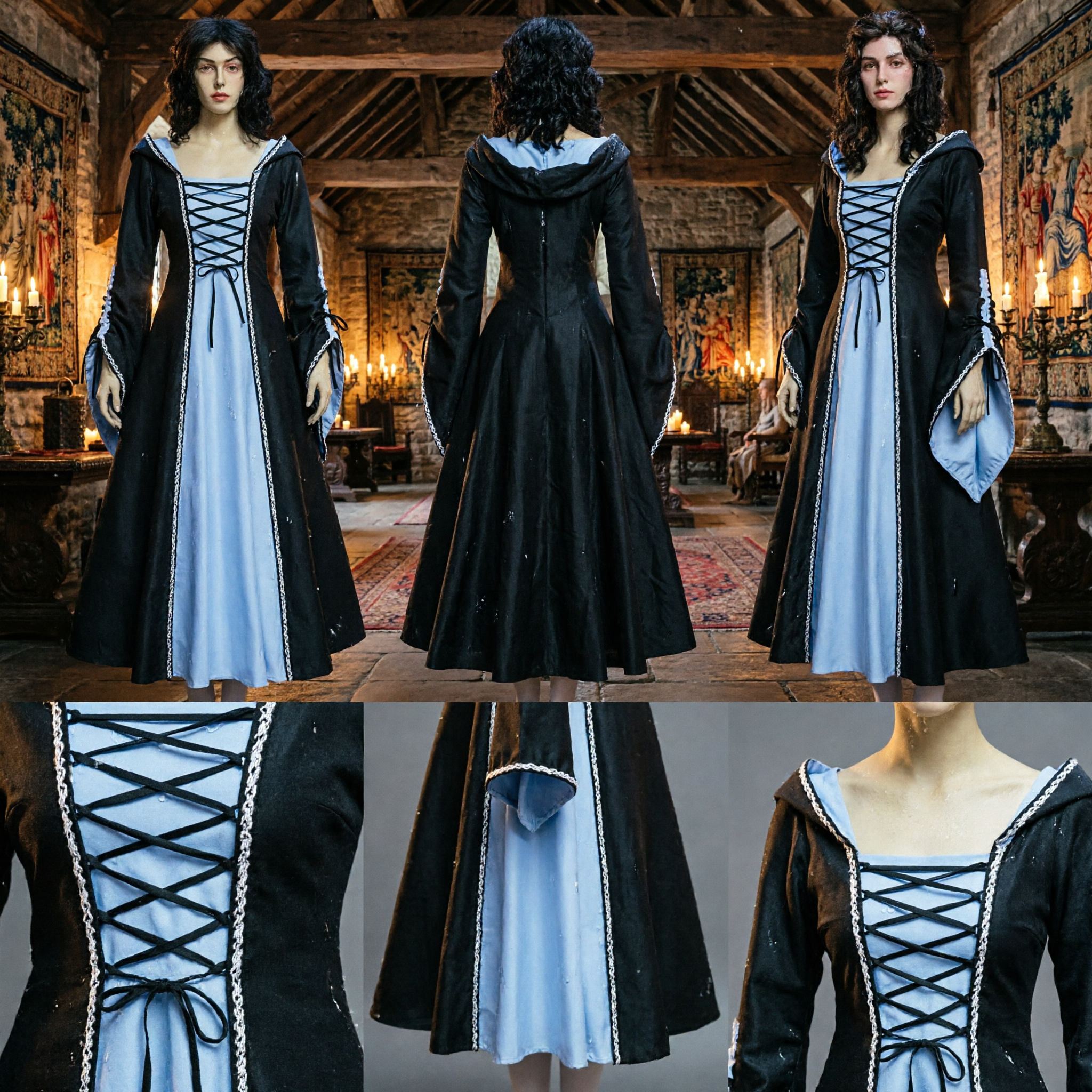 Women's Medieval Renaissance Costume Black Long Gown with Blue Underdress for Historical Cosplay and Halloween