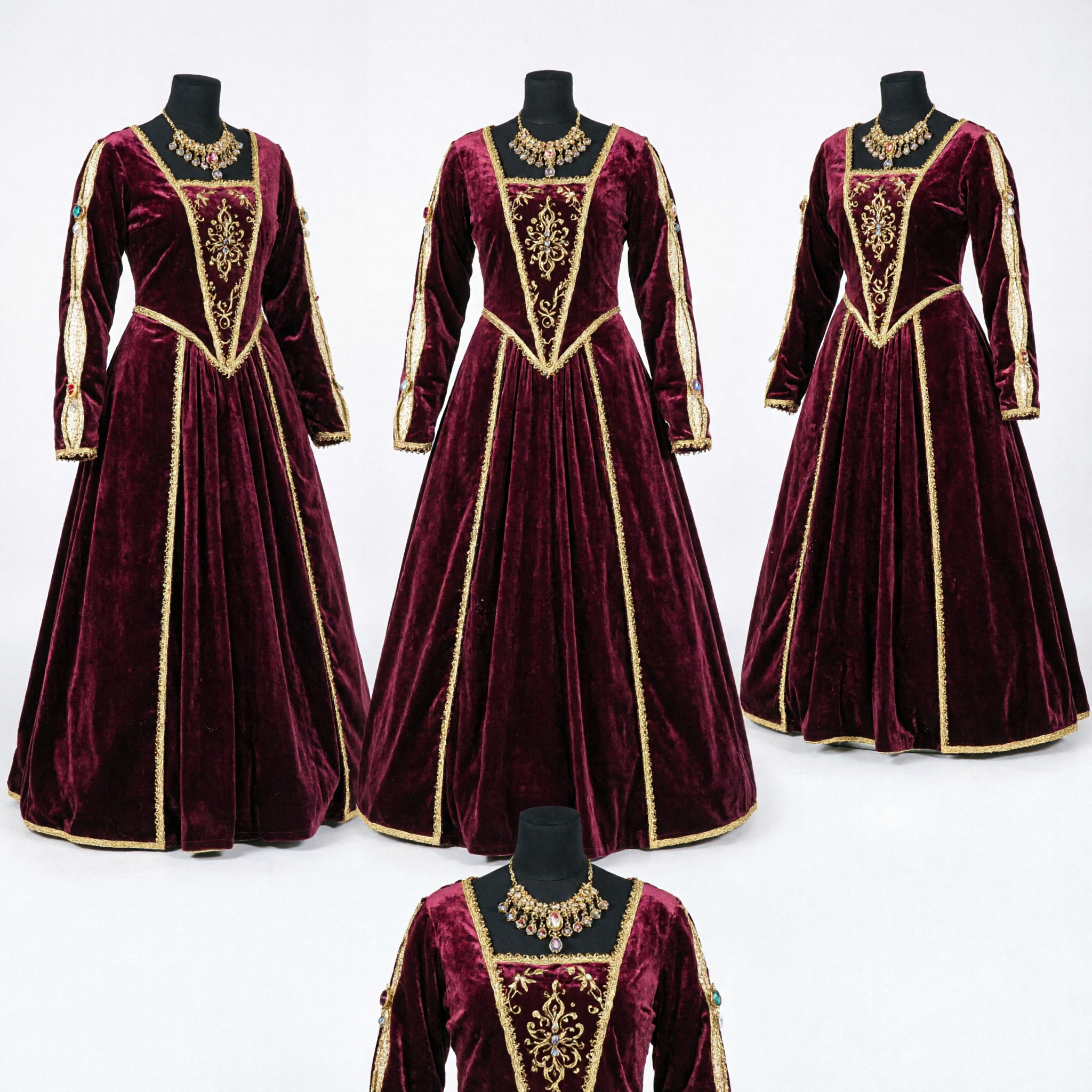 Women's Burgundy Velvet Medieval Renaissance Dress Long Sleeve Gold Trim Historical Costume for Cosplay Party