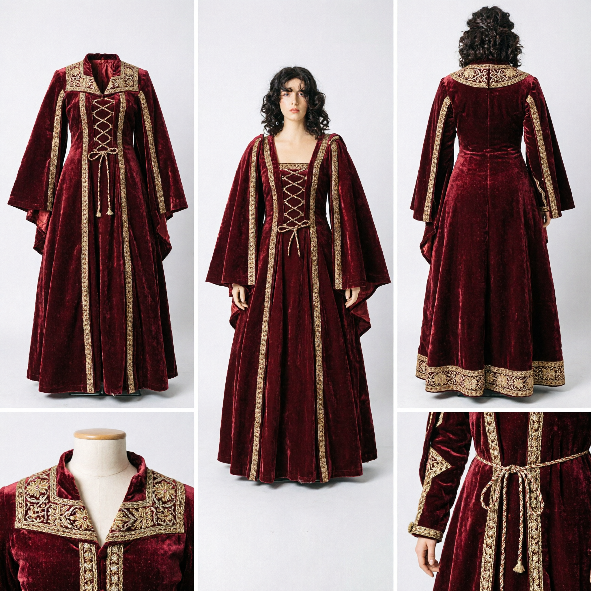Women's Medieval Renaissance Velvet Gown with Cloak Gold Trim Noblewoman Cosplay Costume for Halloween Faire