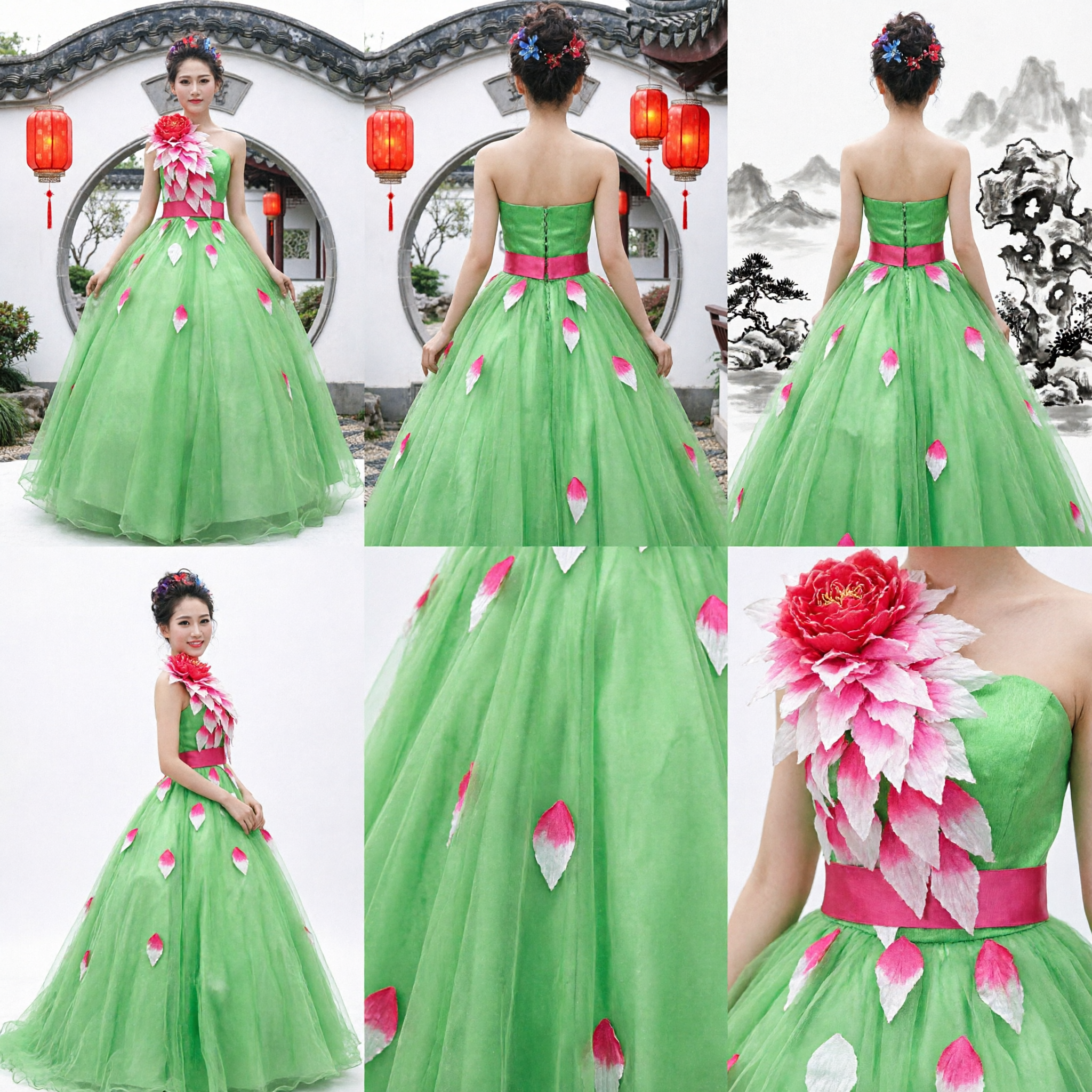 Women's Green Lotus Dance Costume Traditional Chinese Stage Performance Dress for Chorus and Folk Dance