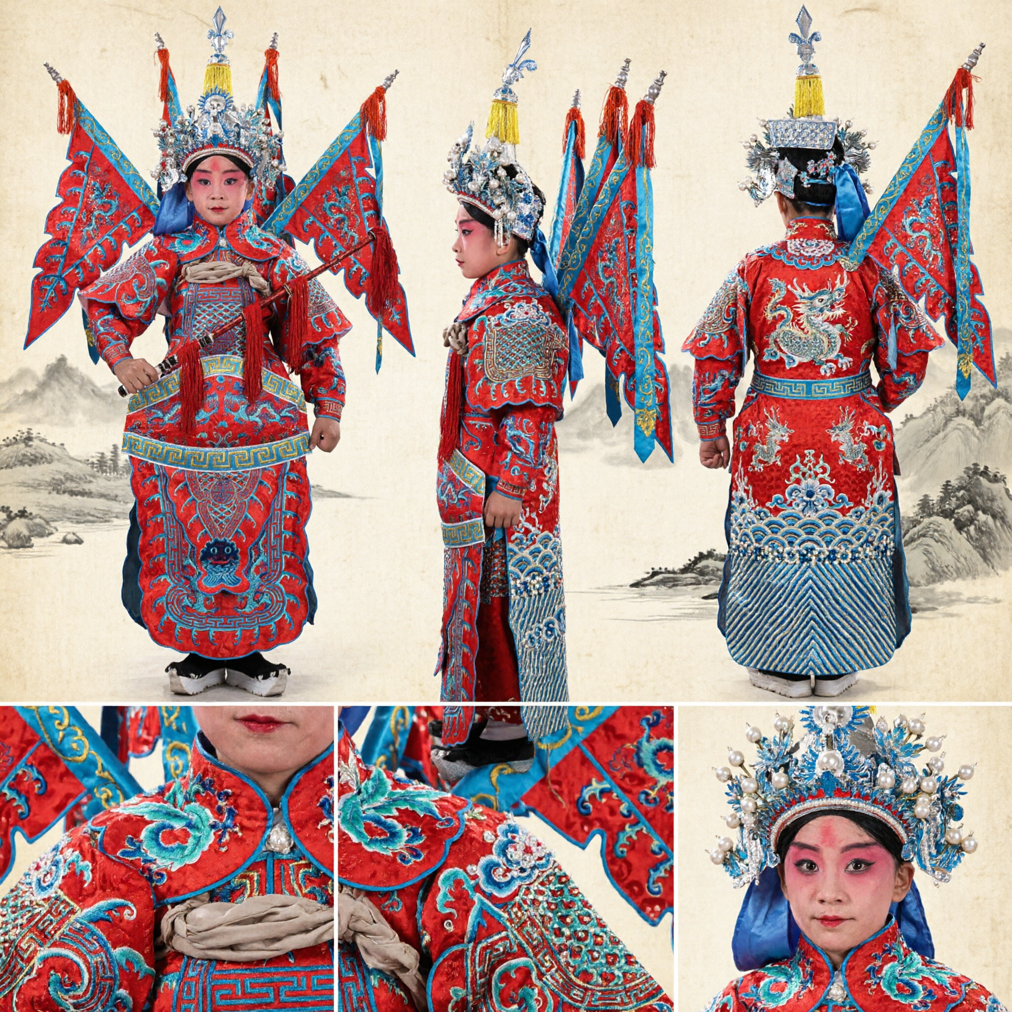 Traditional Chinese Peking Opera General Costume for Kids Red Warrior Outfit with Flags for Stage Performance