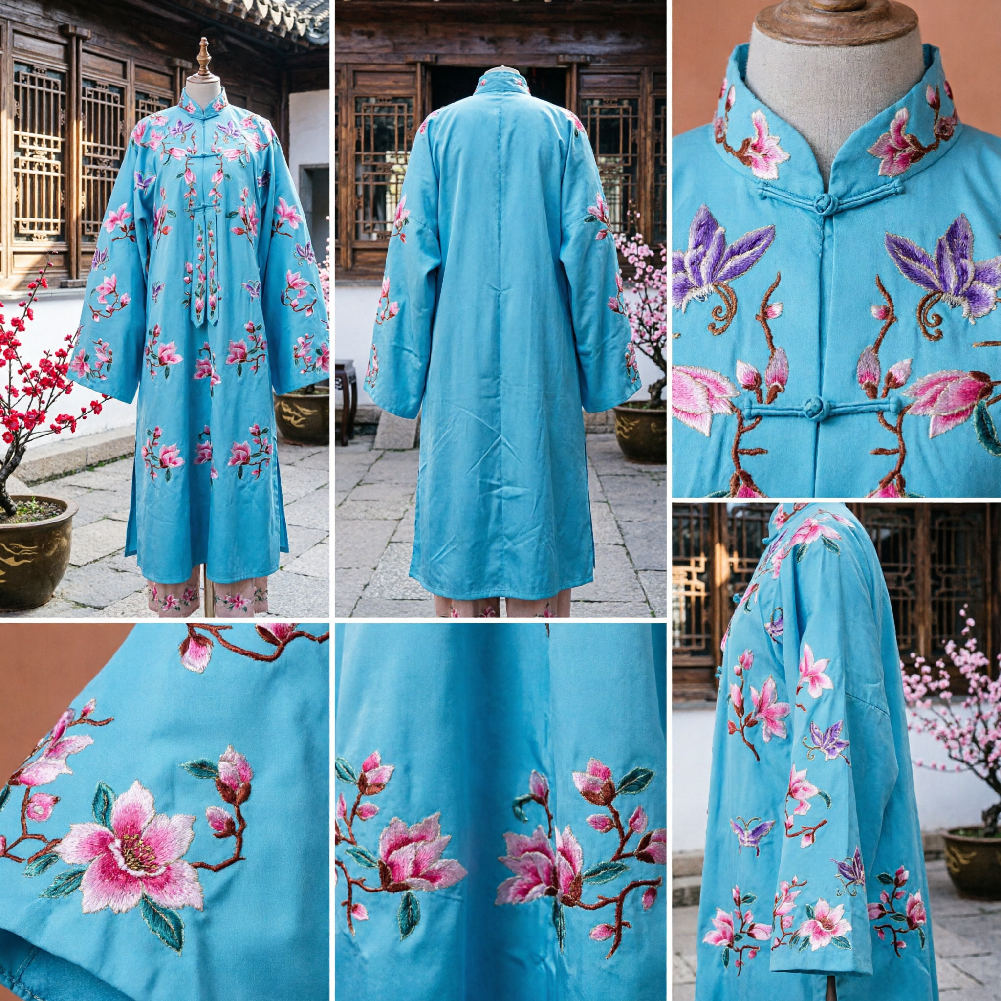 Traditional Chinese Blue Embroidered Floral Robe Peking Opera Costume Wedding Tang Suit for Men