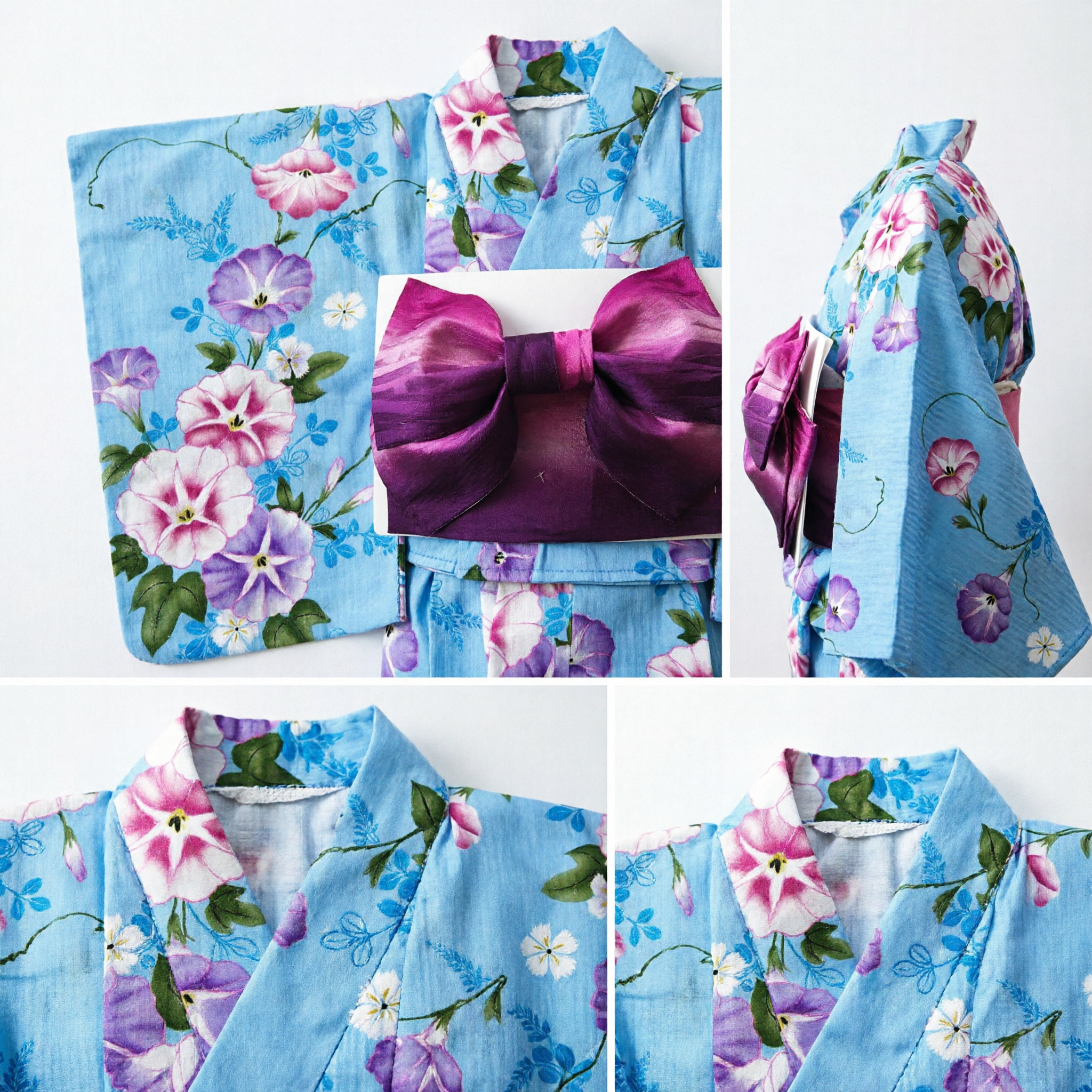 Traditional Japanese Yukata Kimono Set Light Blue Morning Glory Floral Print with Purple Bow for Summer Festival