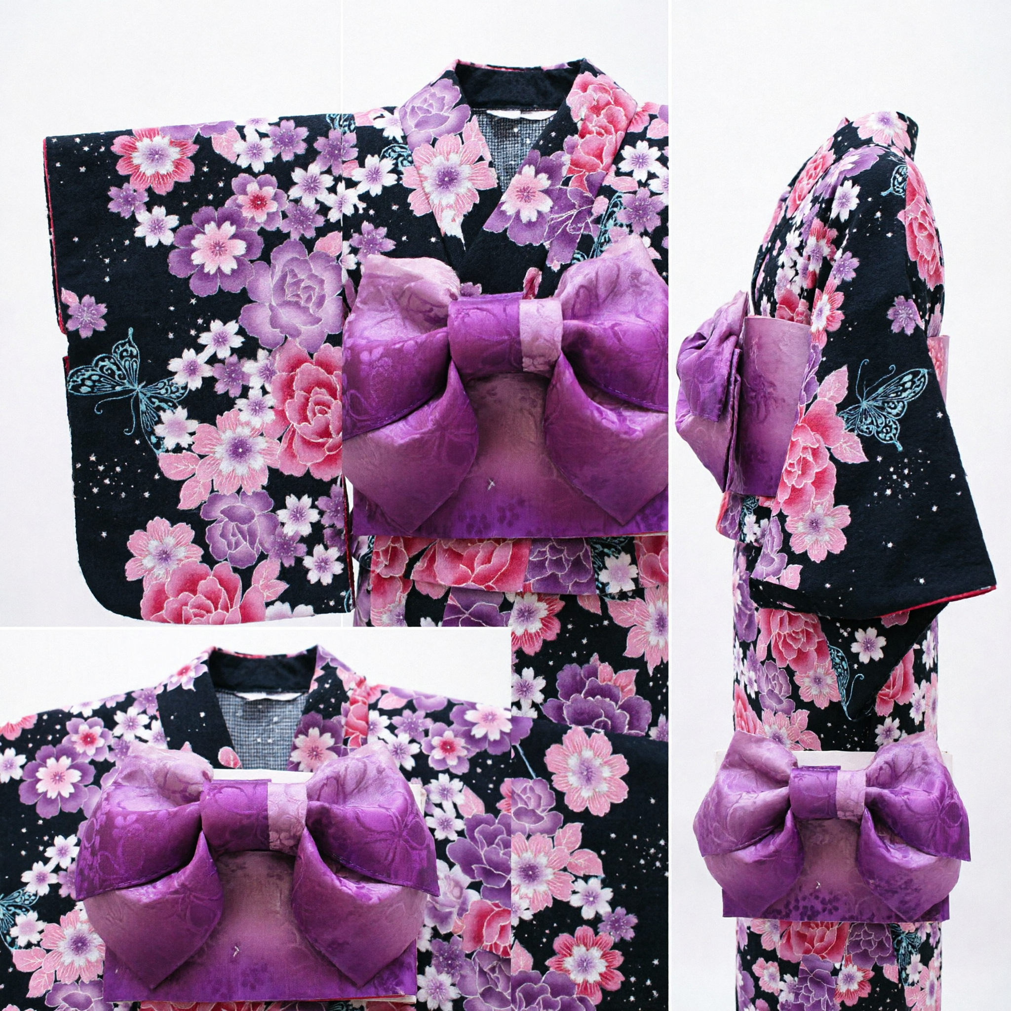 Traditional Black Japanese Kimono Set with Pink Floral Print and Purple Obi Bow for Women