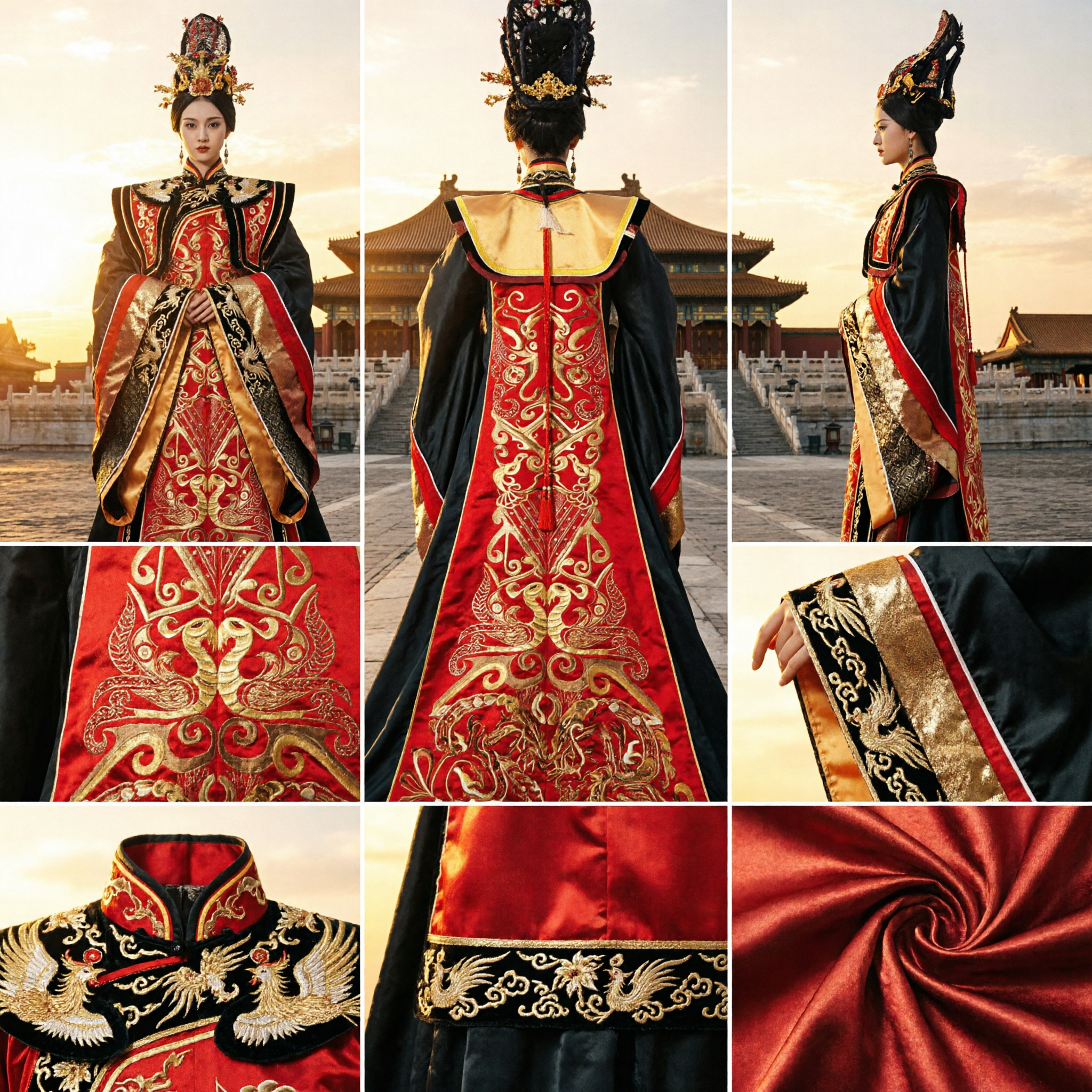 Ancient Chinese Empress Hanfu Costume Red and Black Royal Robe with Gold Embroidery for Drama Performance and Cosplay