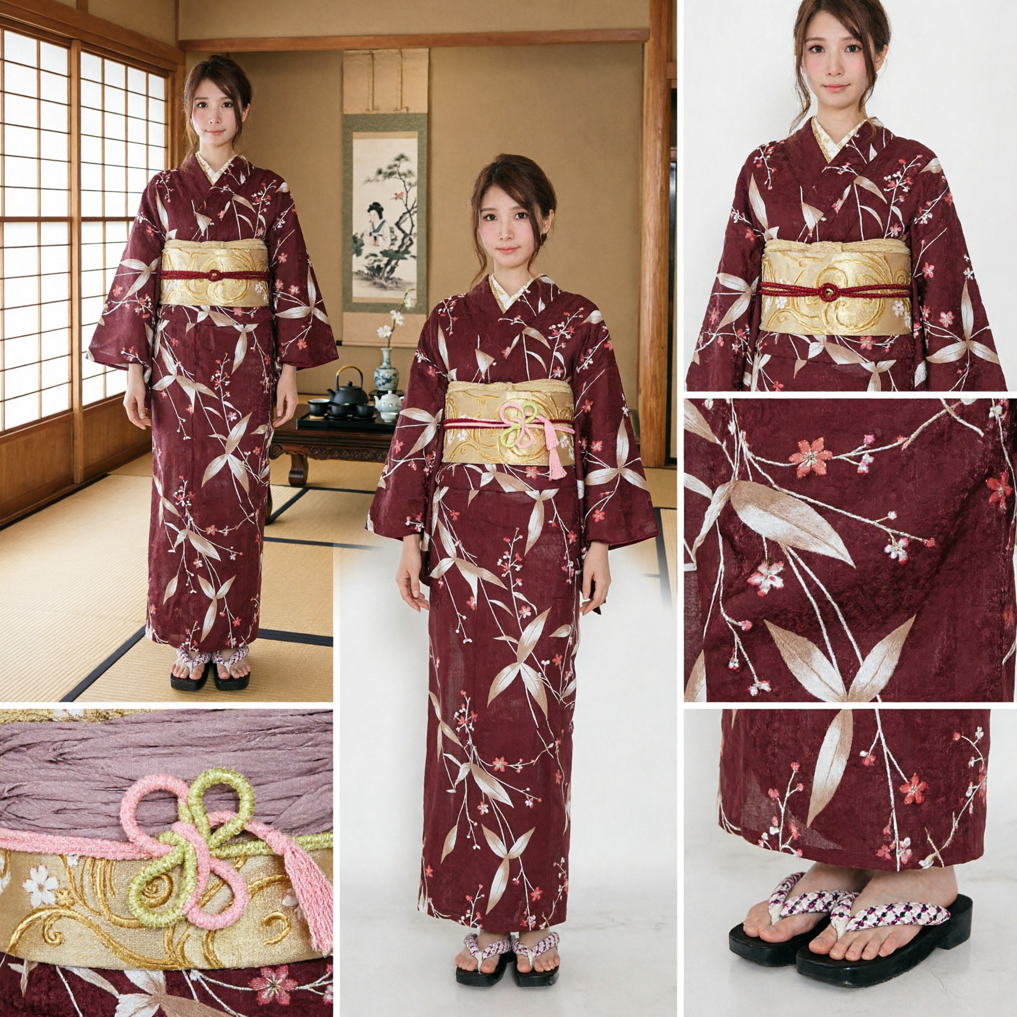 Elegant Japanese Traditional Burgundy Kimono for Women Floral Pattern Long Sleeve Costume for Cosplay Festival