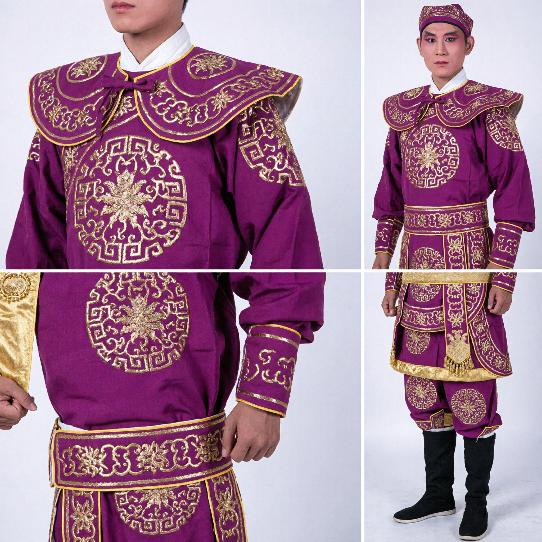Traditional Chinese Peking Opera Purple Warrior Costume Complete Set with Gold Embroidery for Stage Performance