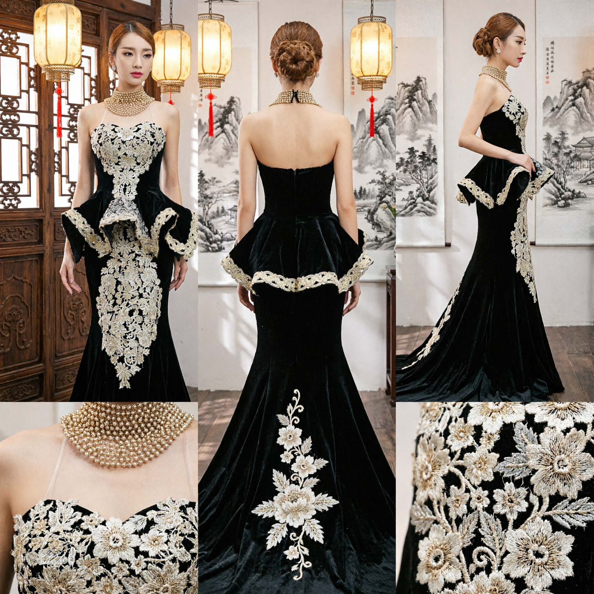Elegant Black Velvet Mermaid Evening Gown with Gold Embroidery for Stage Performance and Formal Gala Banquet