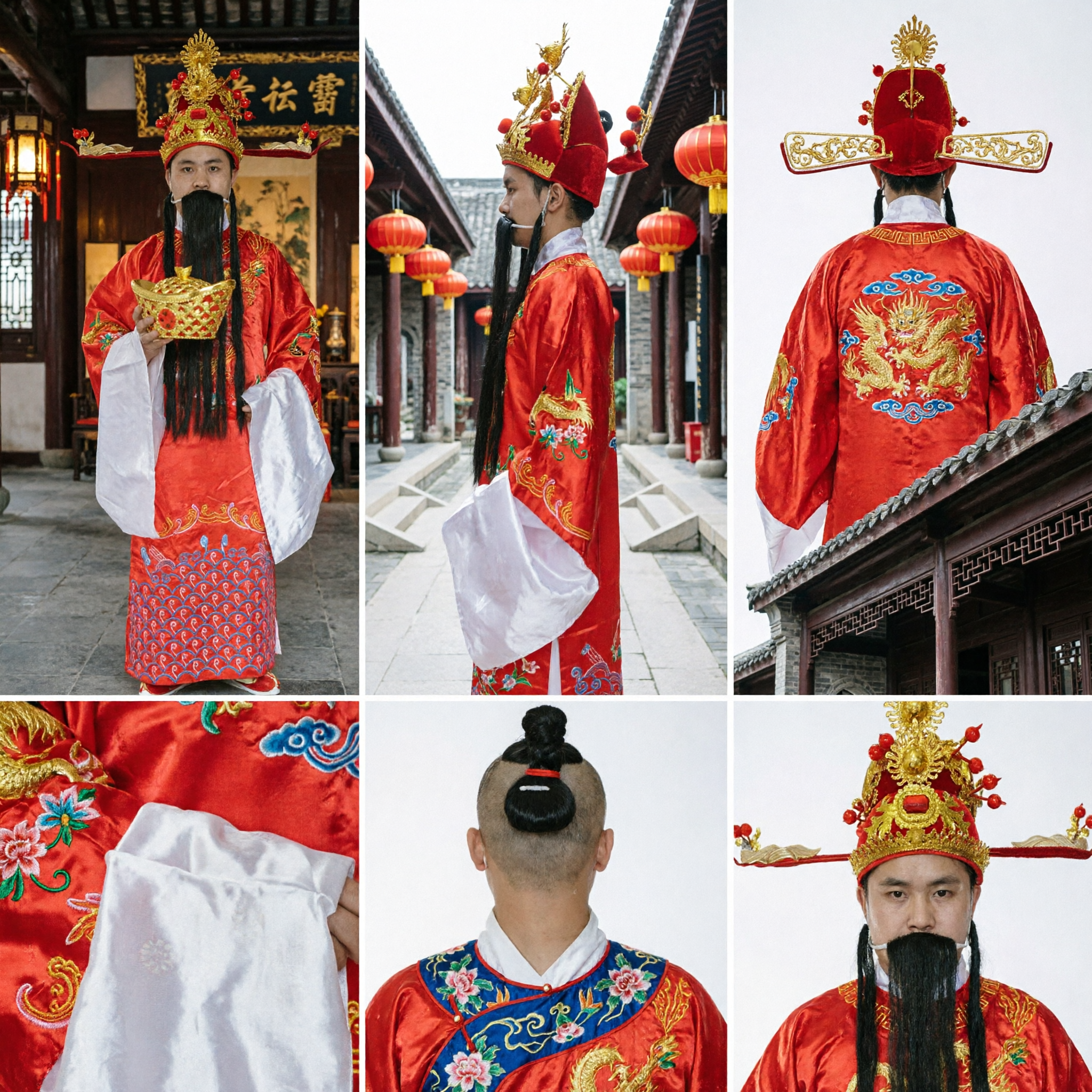 Traditional Chinese God of Wealth Costume Men Red Robe Caishen Outfit for Lunar New Year Performance