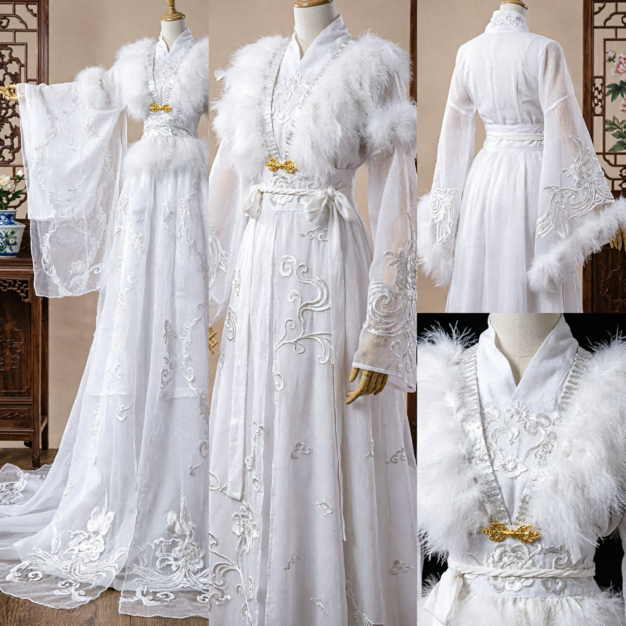 Elegant White Ancient Chinese Hanfu Princess Costume with Fur Collar for Women Cosplay and Performance
