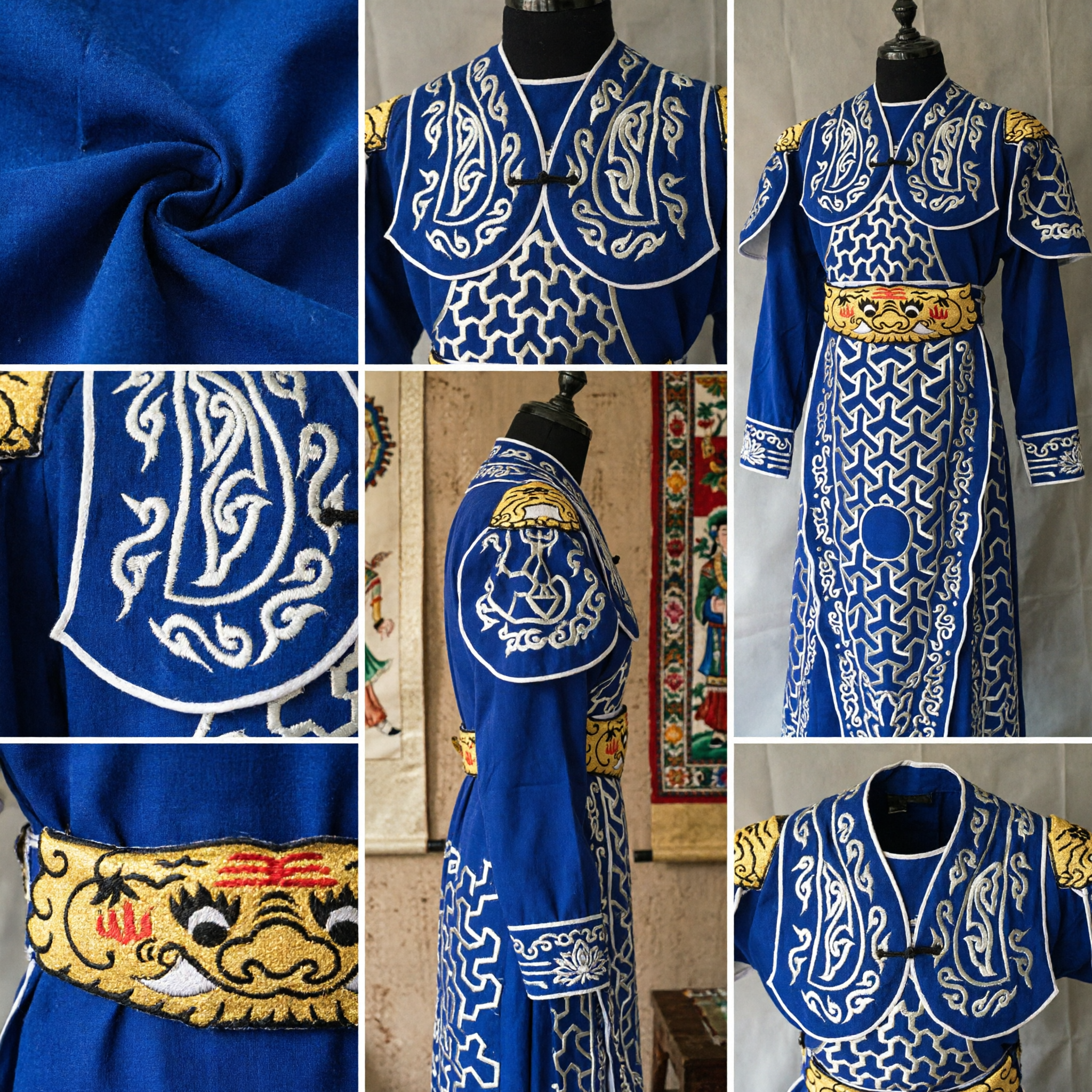 Traditional Blue Chinese Warrior Costume Men's Peking Opera General Outfit with Gold Embroidery for Stage Performance