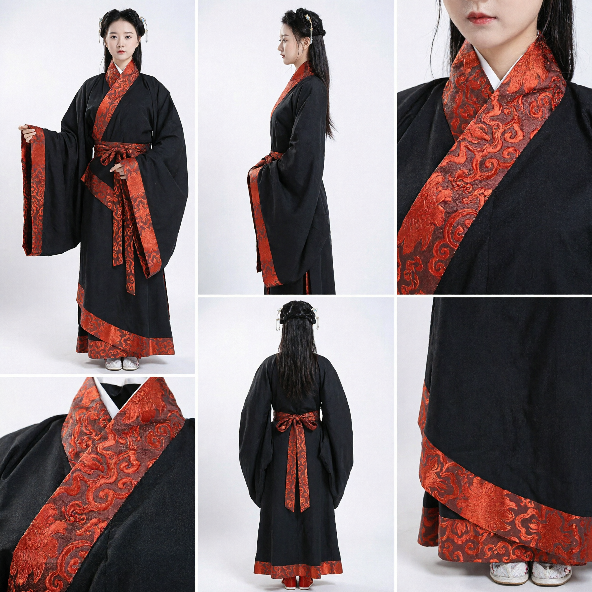 Traditional Han Dynasty Hanfu Black Wide Sleeve Robe Red Patterned Sash Women Ancient Costume