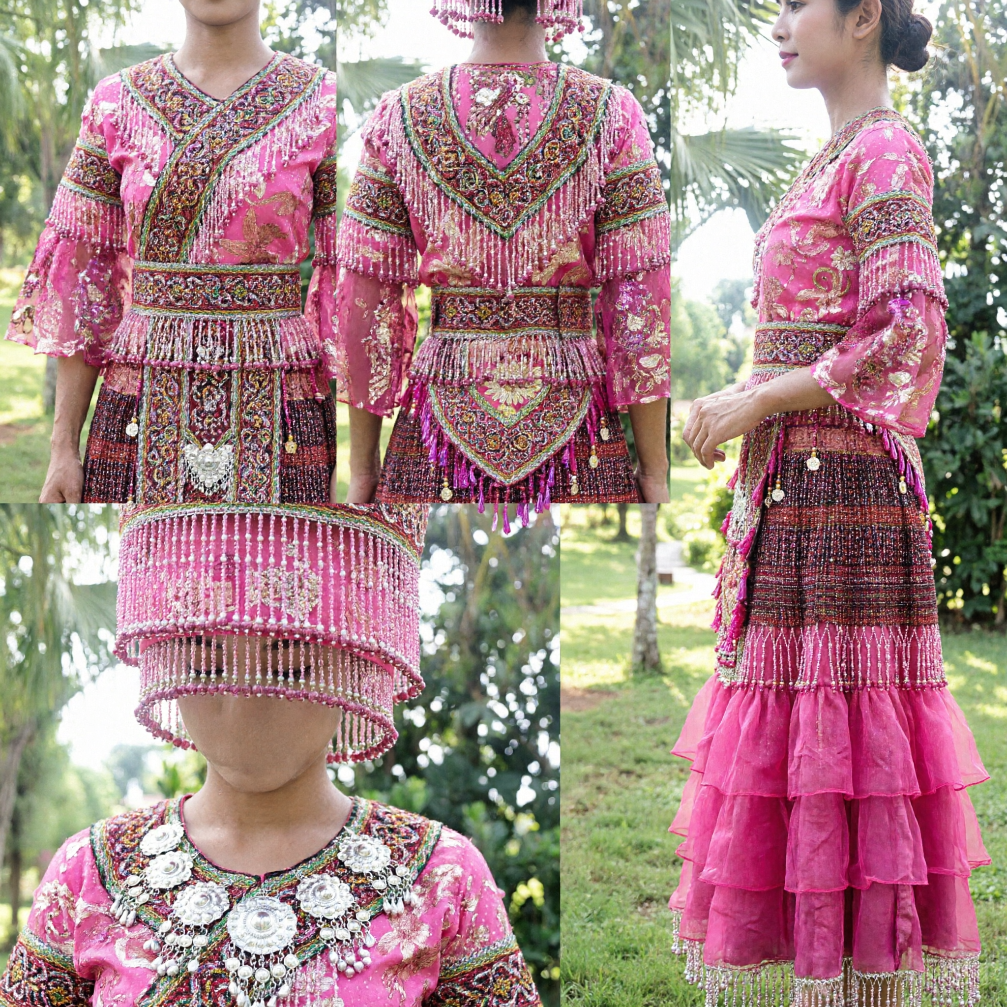Traditional Chinese Ethnic Minority Pink Embroidered Dance Costume with Headdress for Folk Festival Performance