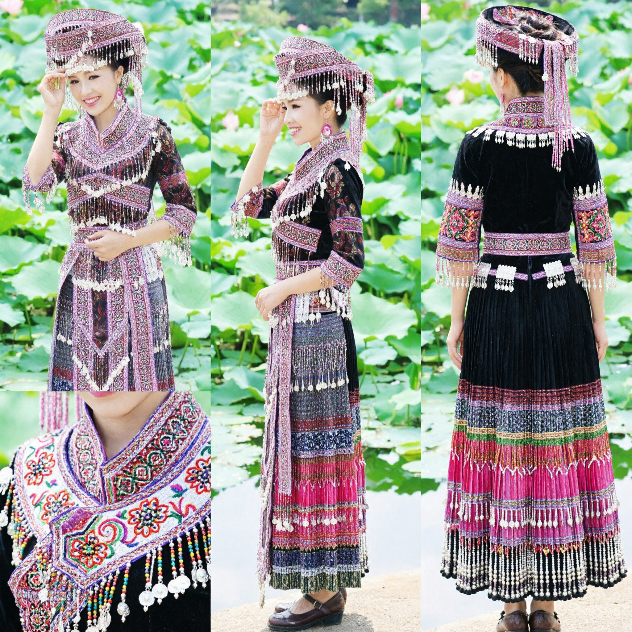 Traditional Chinese Miao Hmong Ethnic Costume Women's Embroidered Dress with Silver Fringe Headpiece for Folk Dance Performance