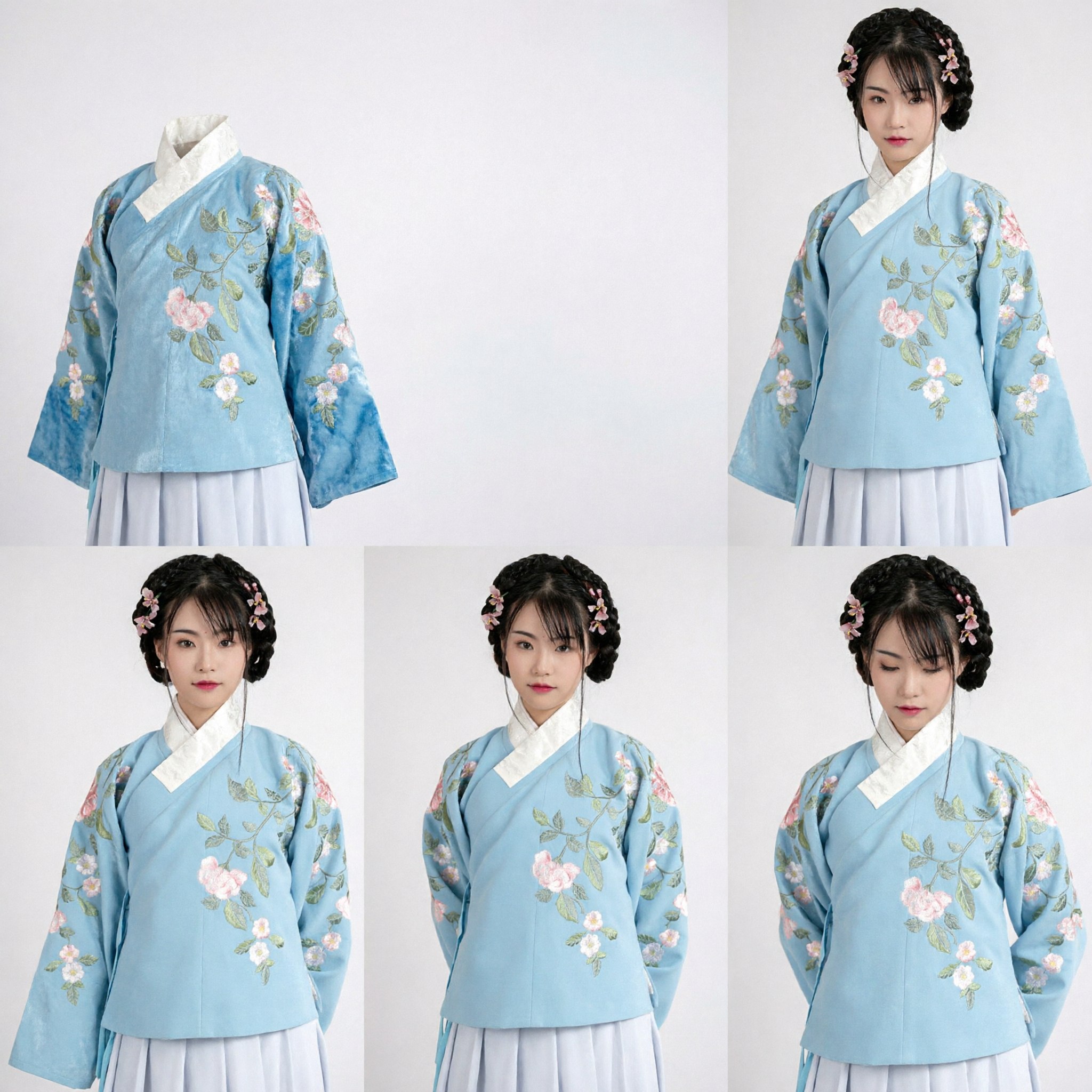 Traditional Chinese Hanfu Light Blue Floral Embroidered Cross-Collar Top Ancient Costume Ming Style for Women