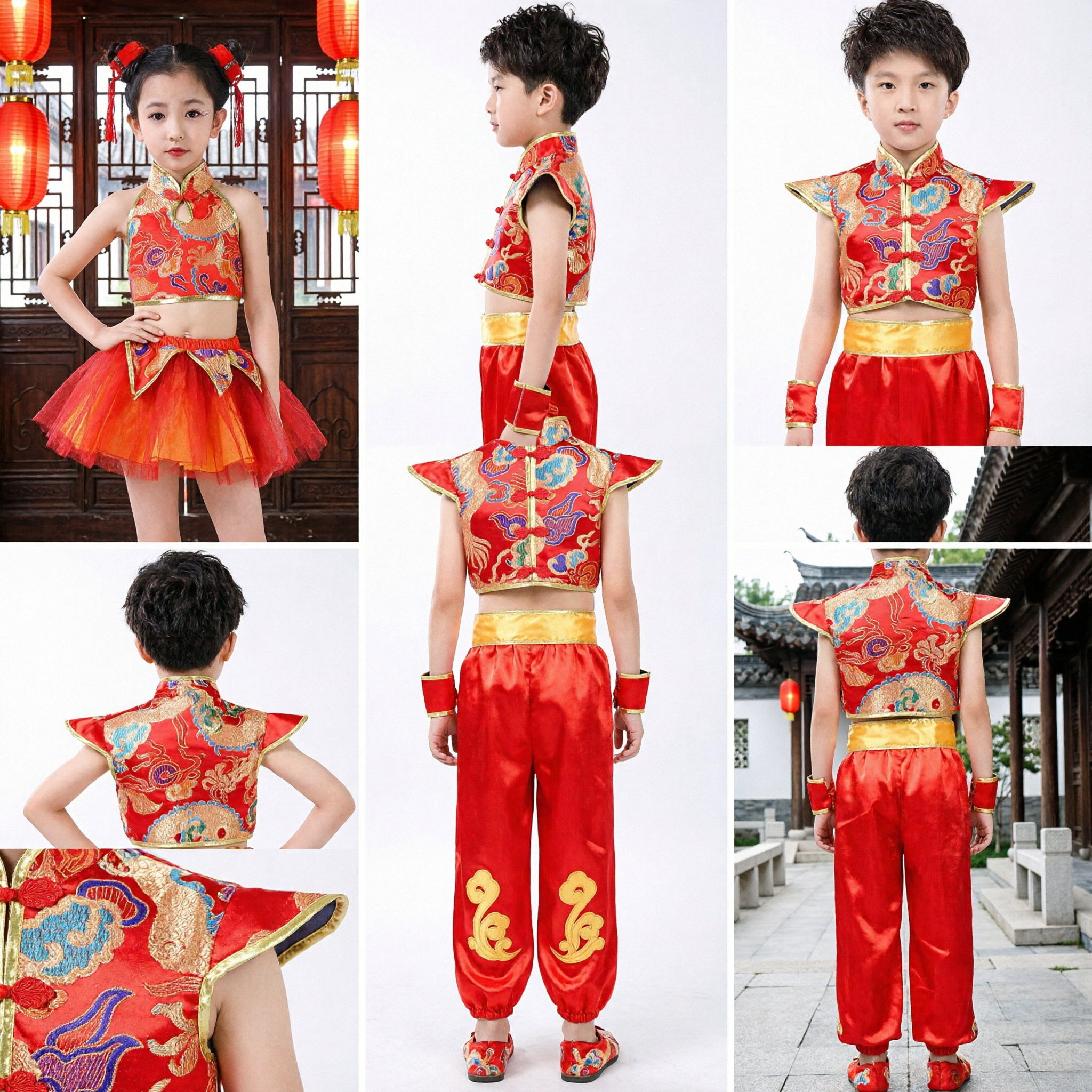 Kids Red Dragon Embroidery Folk Dance Costume Traditional Chinese New Year Performance Outfit for Boys Girls