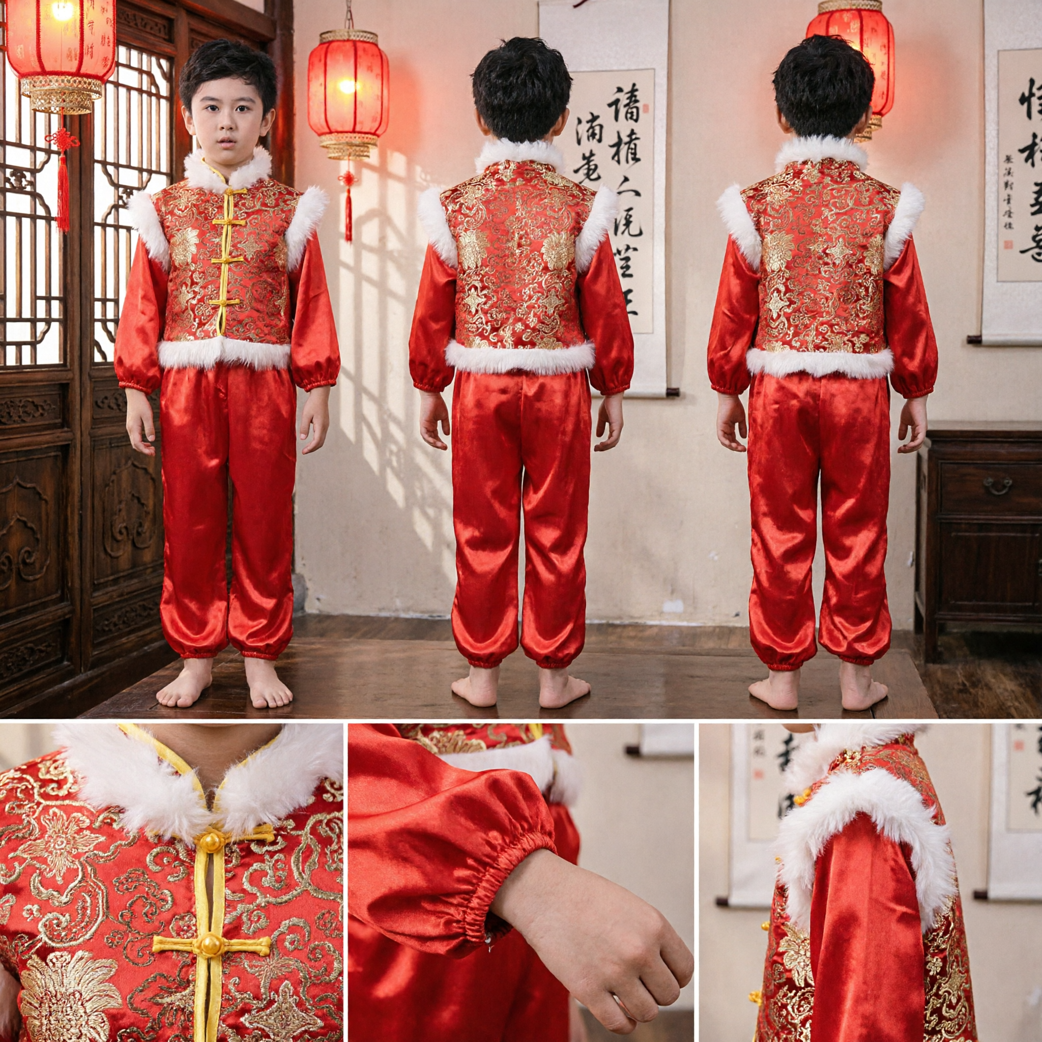 Kids Traditional Chinese Tang Suit Red Gold Embroidery Fur Trim Vest Pants Set for New Year Festival