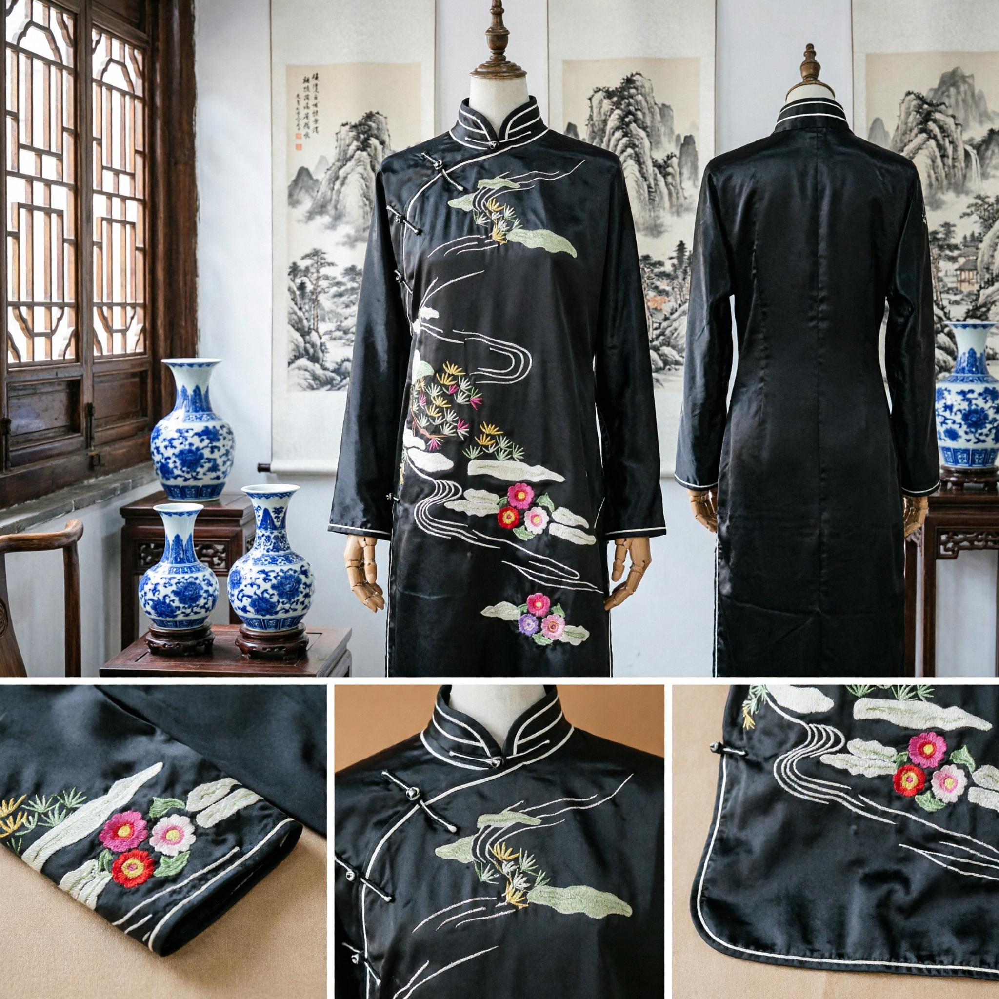 Men's Traditional Chinese Tang Suit Black Silk Kung Fu Tai Chi Uniform Embroidered Martial Arts Costume