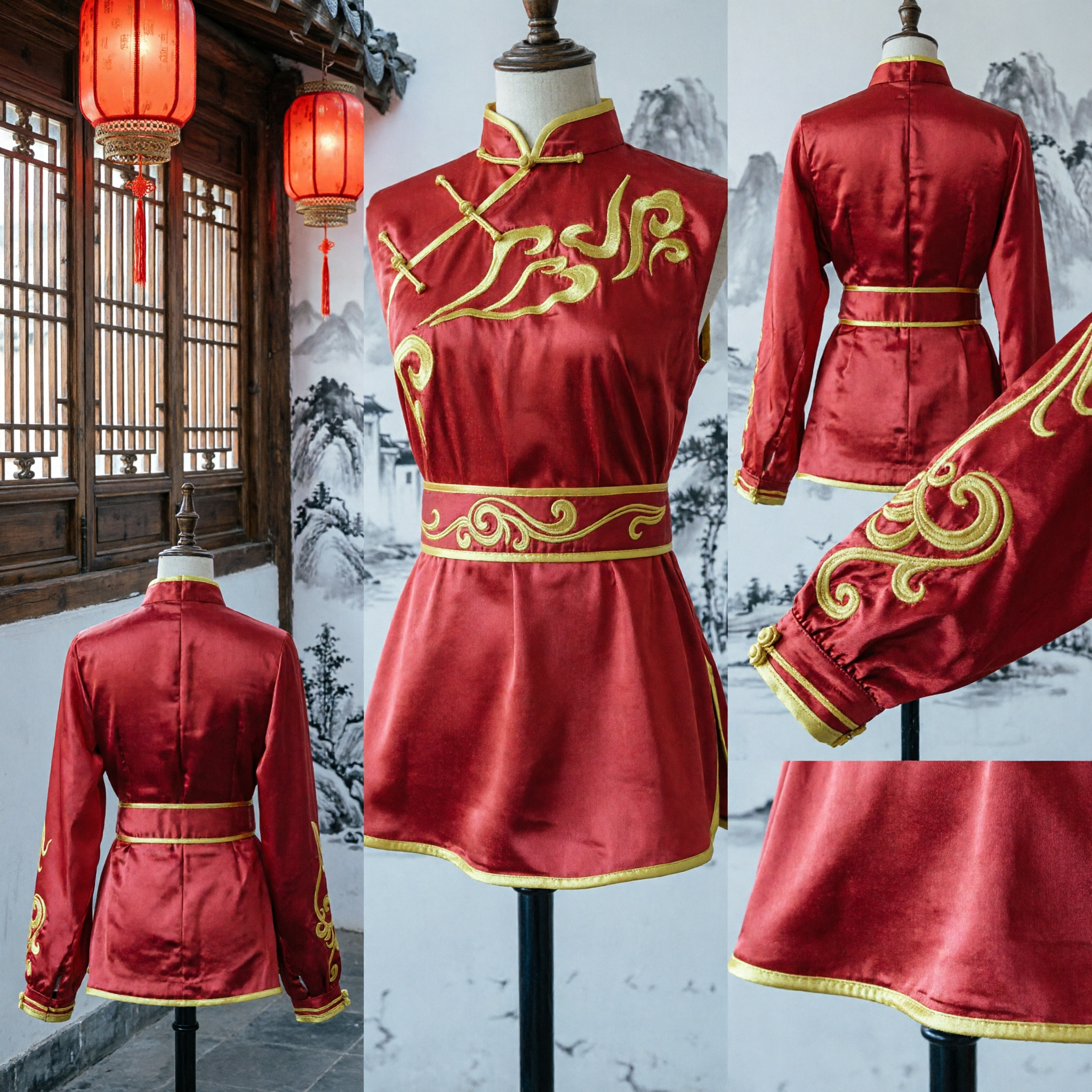 Traditional Red Satin Chinese Kung Fu Uniform Wushu Martial Arts Suit with Gold Embroidery for Performance