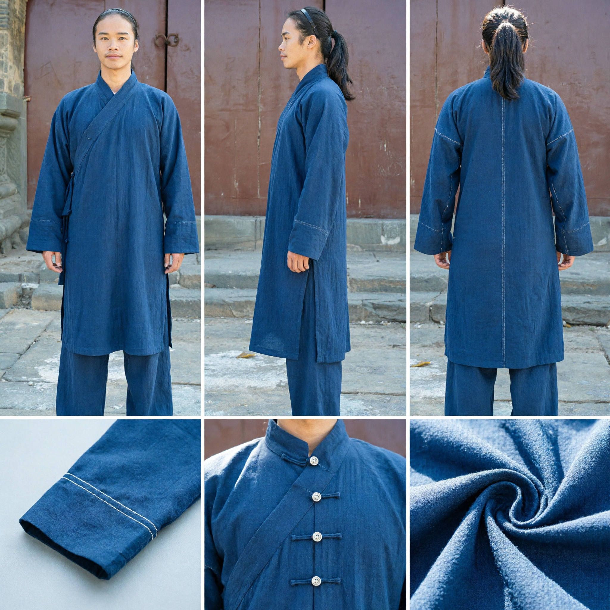 Men's Traditional Chinese Kung Fu Uniform Blue Linen Tai Chi Suit Shaolin Monk Robe for Wushu Practice
