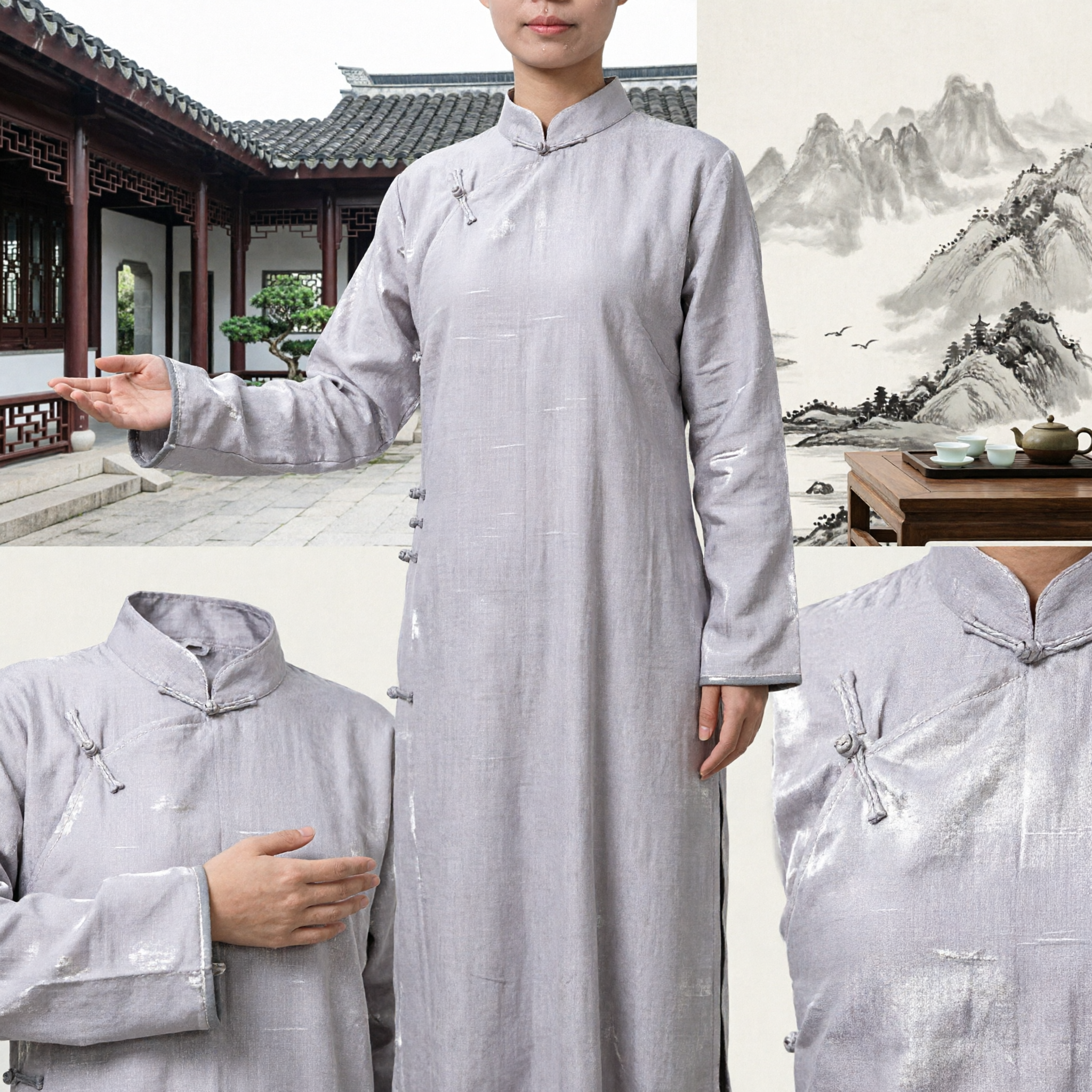 Womens Light Grey Linen Tai Chi Suit Traditional Chinese Kung Fu Martial Arts Uniform Set