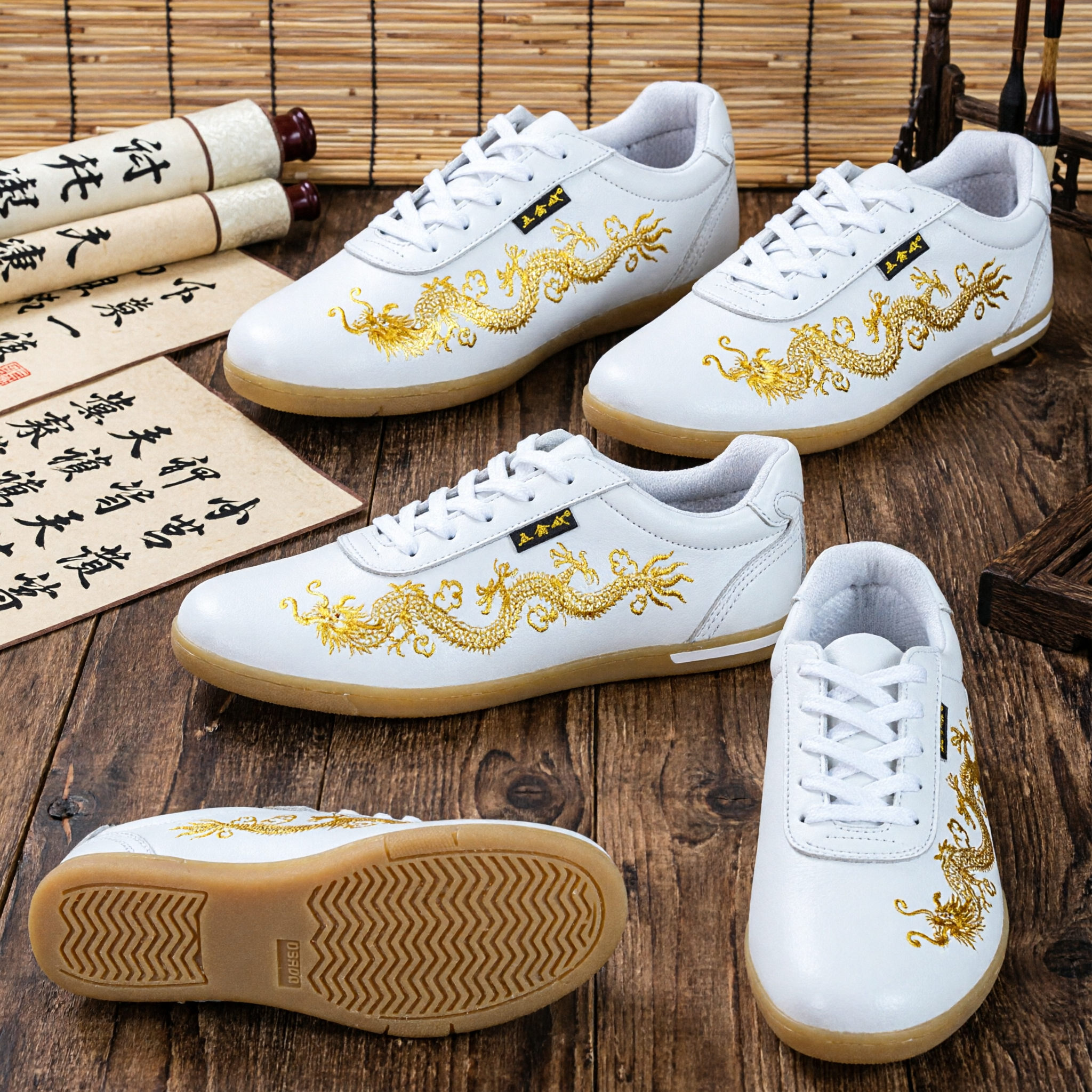 White Leather Kung Fu Shoes with Gold Dragon Embroidery for Wushu Tai Chi Martial Arts Training